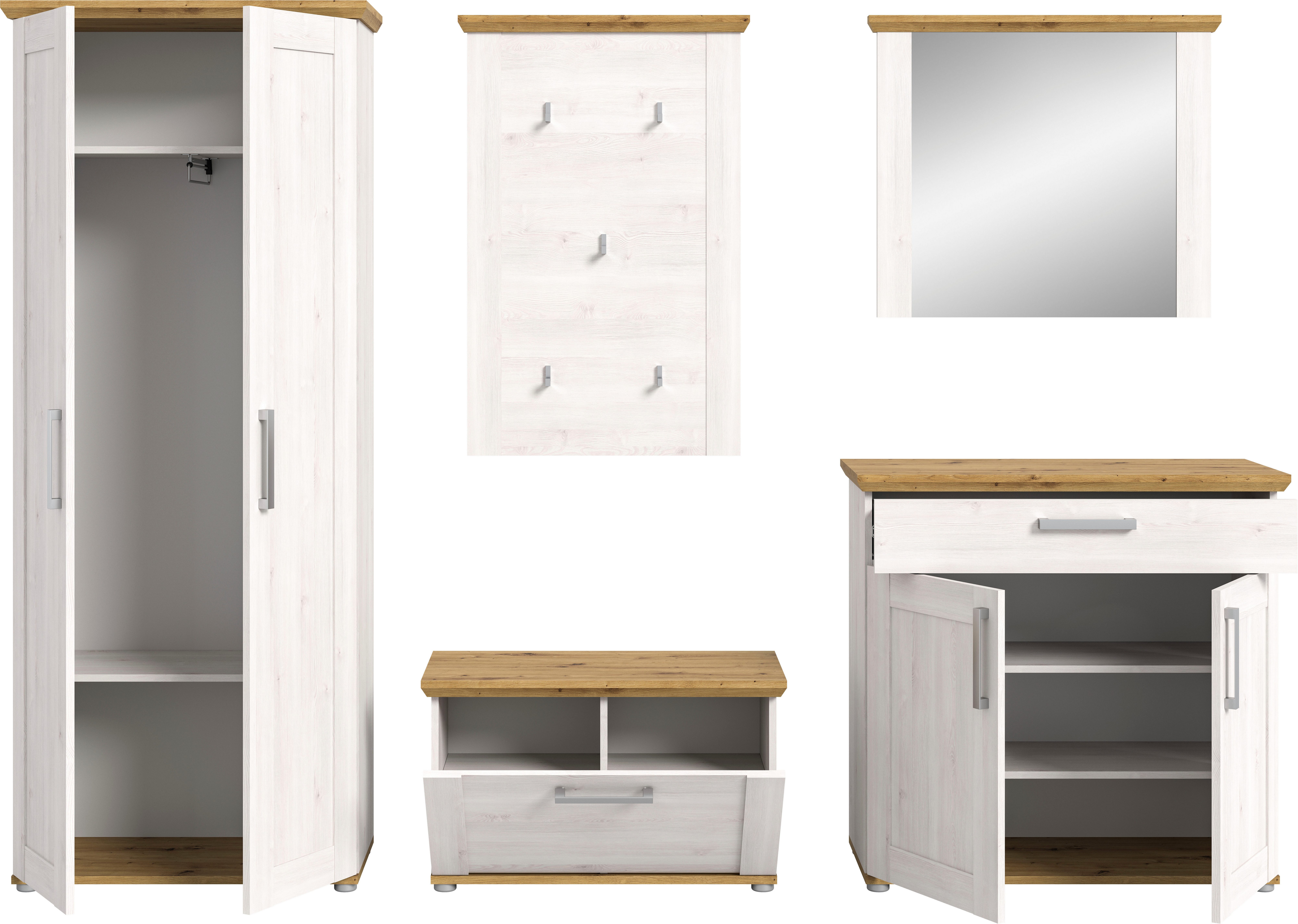 Home affaire Halmeubelset Cosenza, Breedte ca. 285 cm, 2-kleurig, 5-delig, bestaande uit: Garderobekast, schoenenbank, garderobepaneel, schoenenkast, spiegel (5 stuks)