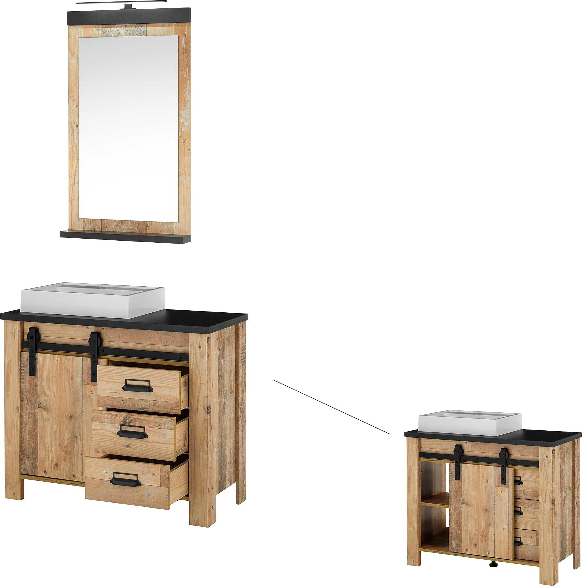 Home affaire Badkamerserie SHERWOOD, Bad im modernen Design, 2-teiliges Badezimmer in houtdecor, met schuurdeurbeslag en apothekersgrepen van metaal (2-delig)