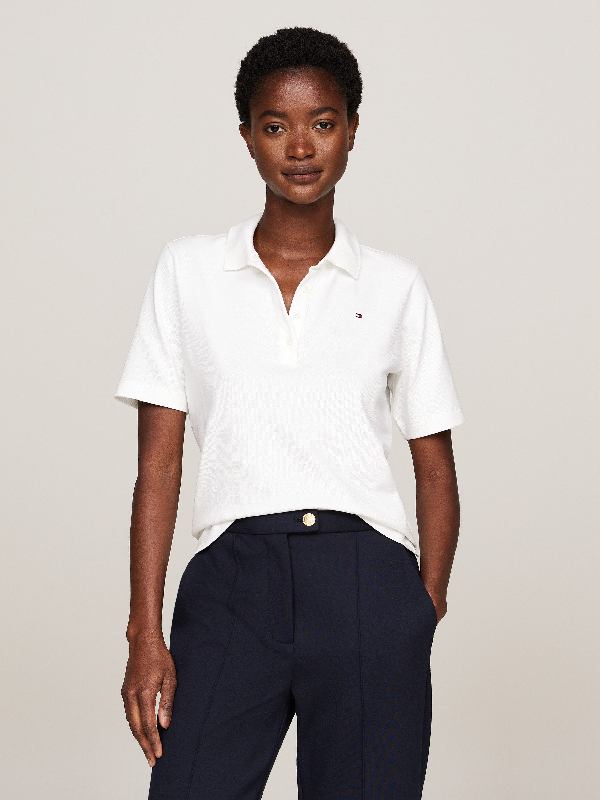 Tommy Hilfiger Poloshirt 1985 Regular Fit Pique Premium Polo met logo-borduursel, met zijsplitten dames polo's maat XXL (44) beige