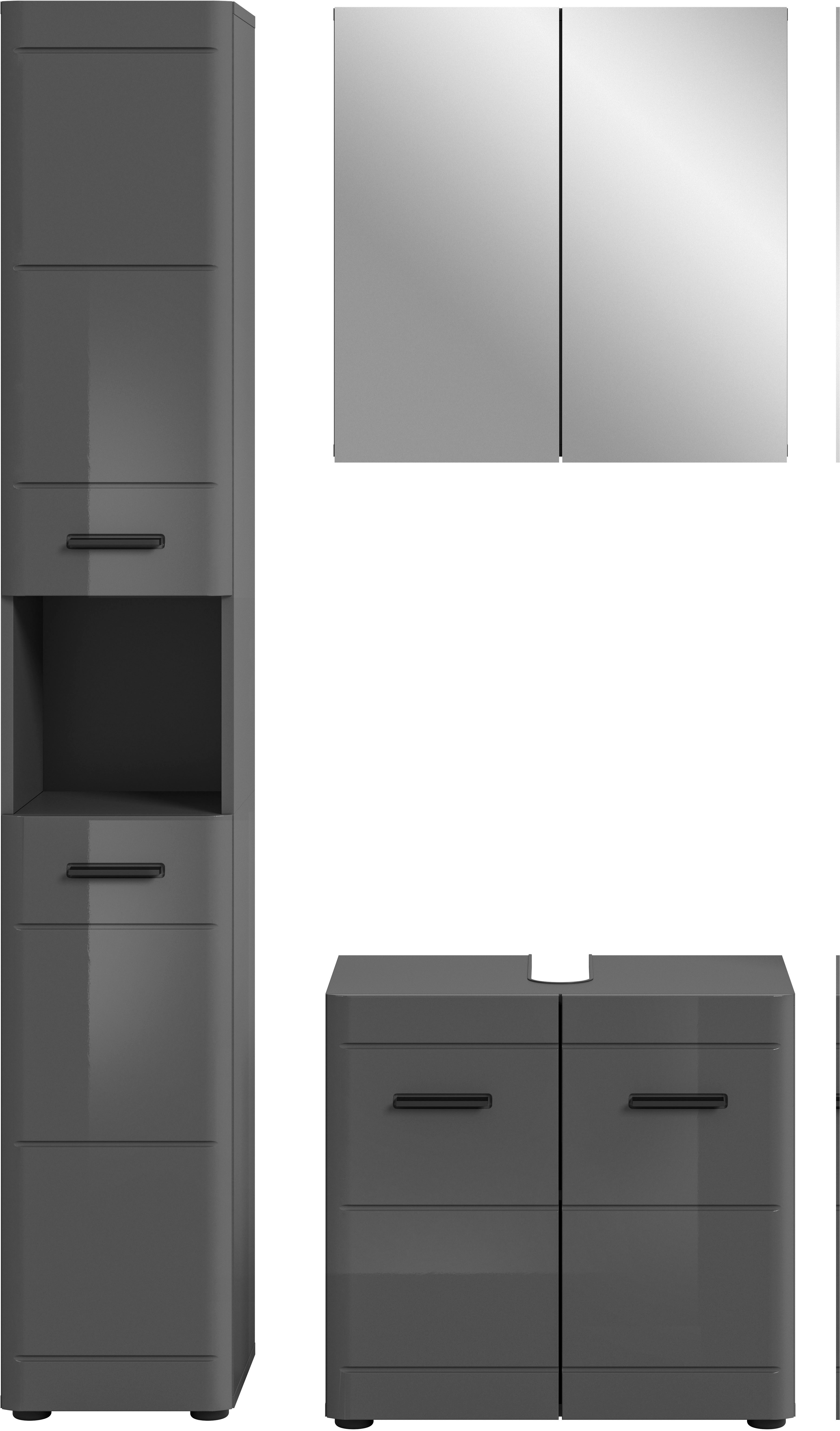 welltime Badmeubelset Doux, bestaande uit: hoge kast, wastafelonderkast Spiegelschrank, hoogwaardige hoogglans MDF front met groeffrasing (3 stuks)