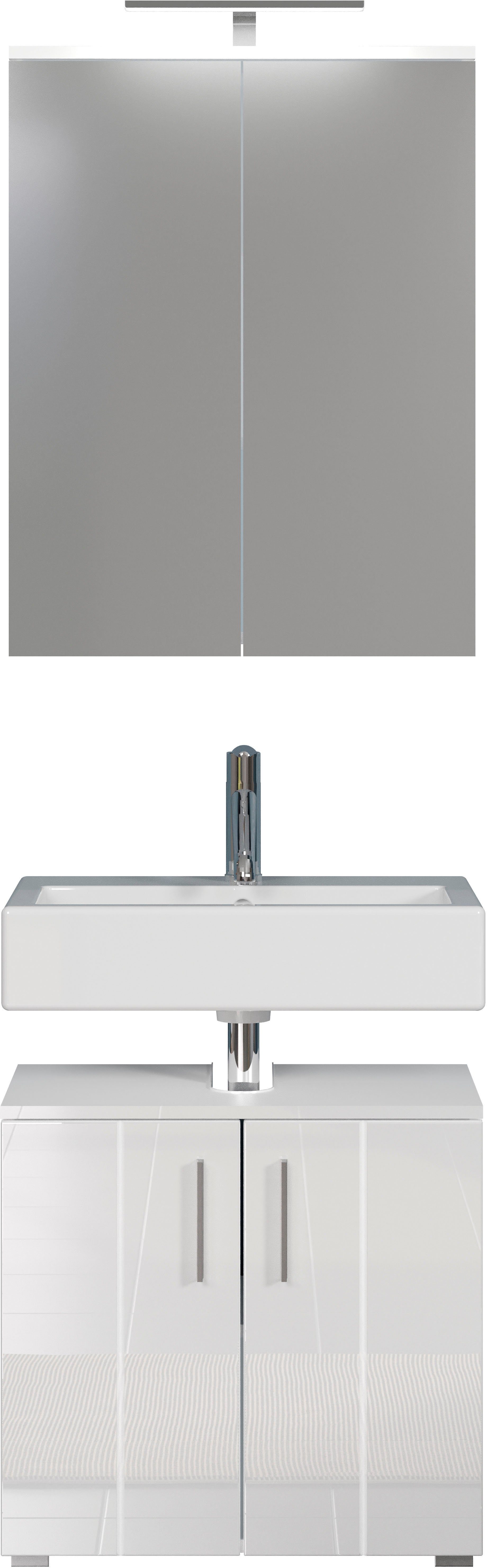welltime Badmeubelset Praag Wastafel & spiegelkast - wit hoogglans met verticale frezingen (set, 2 stuks)