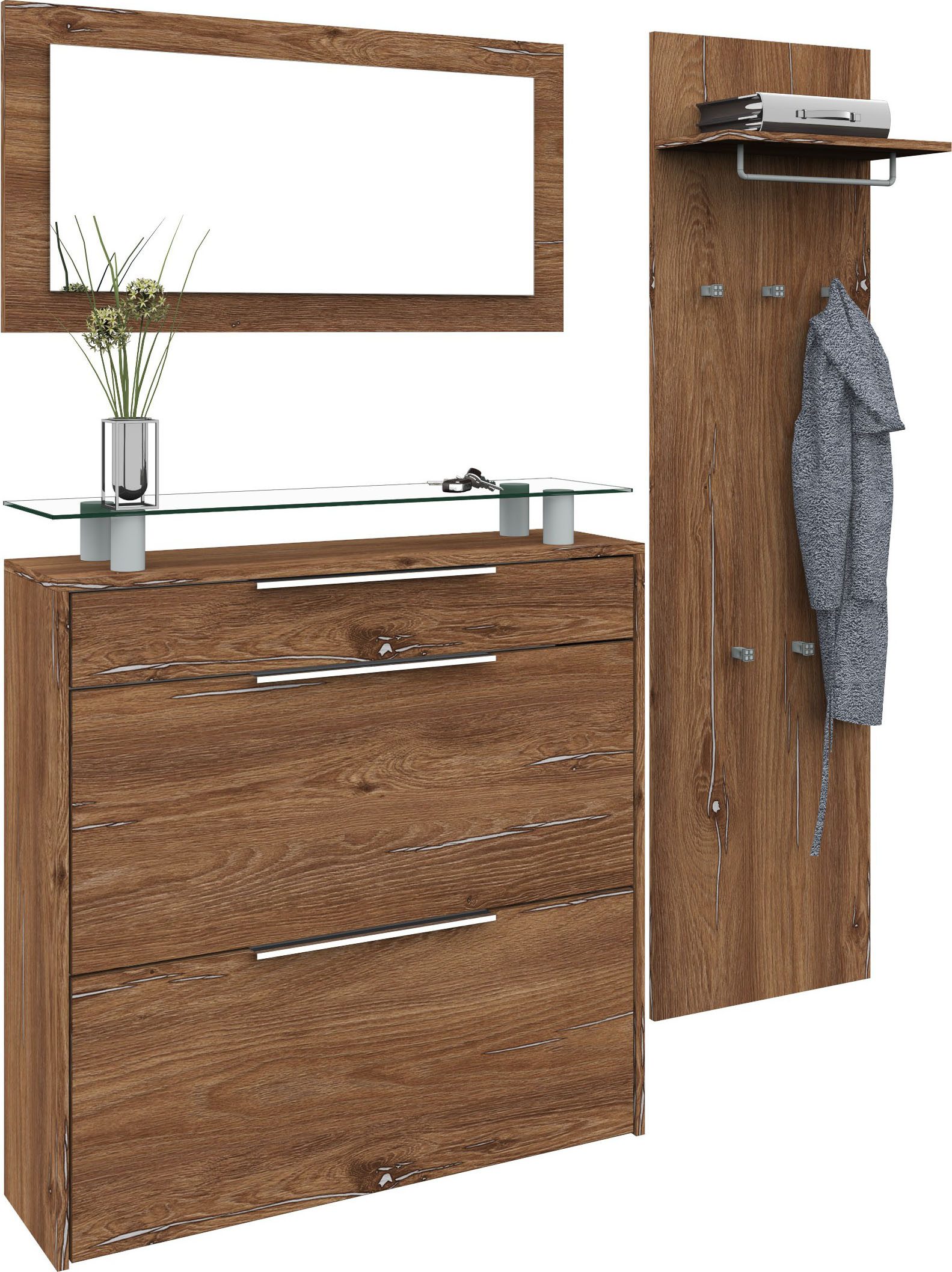 borchardt Möbel Halmeubelset Oliva (3-dlg.), met hangende schoenenkast, paneel en spiegel (set, 3-delig) kapstokpanelen beige