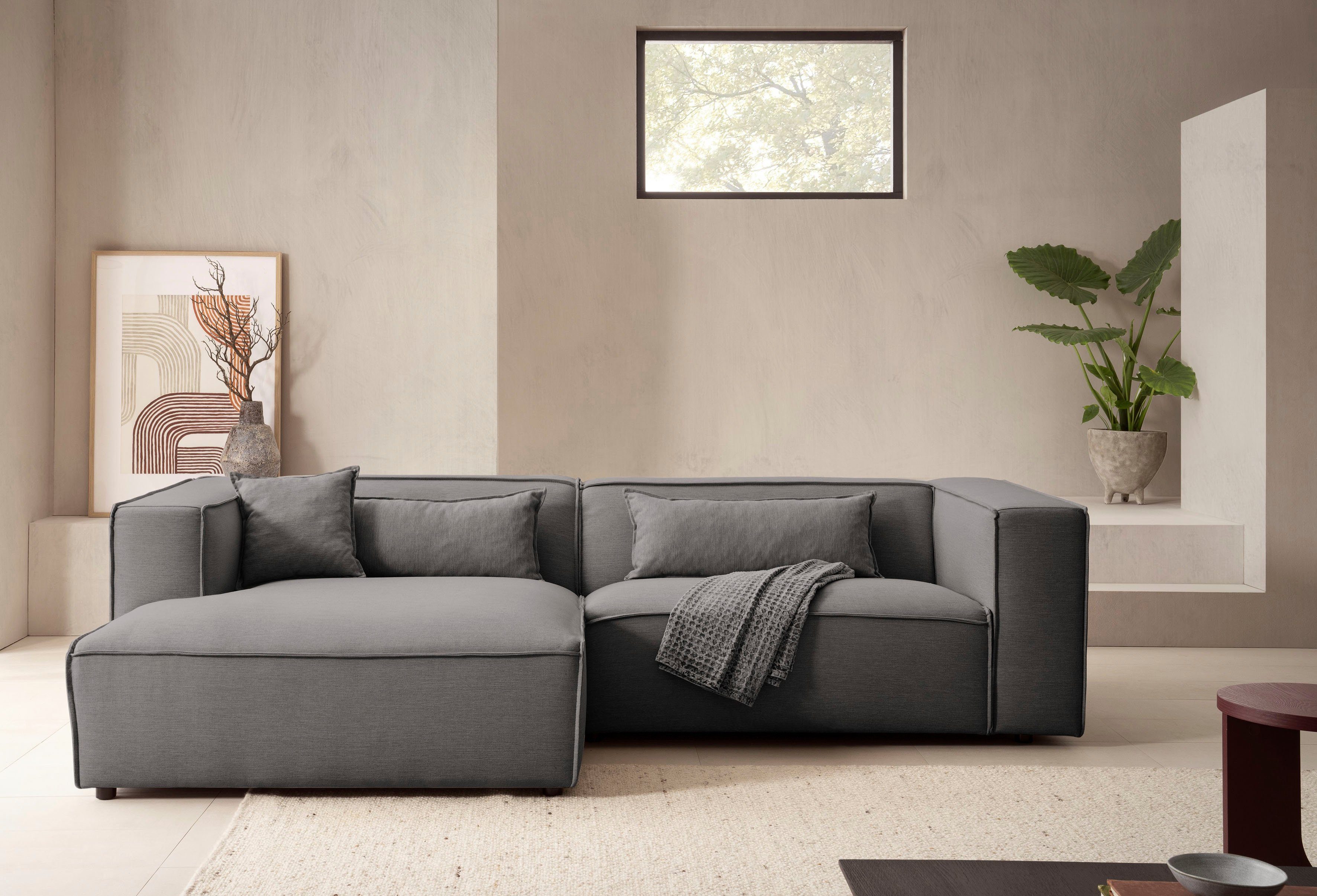 LeGer Home by Lena Gercke Hoekbank PIARA met biesnaad in cord of linnenlook, moderne bank in L-vorm keuze ottomaan rechts/links, zwarte voeten, comfortabel zitcomfort