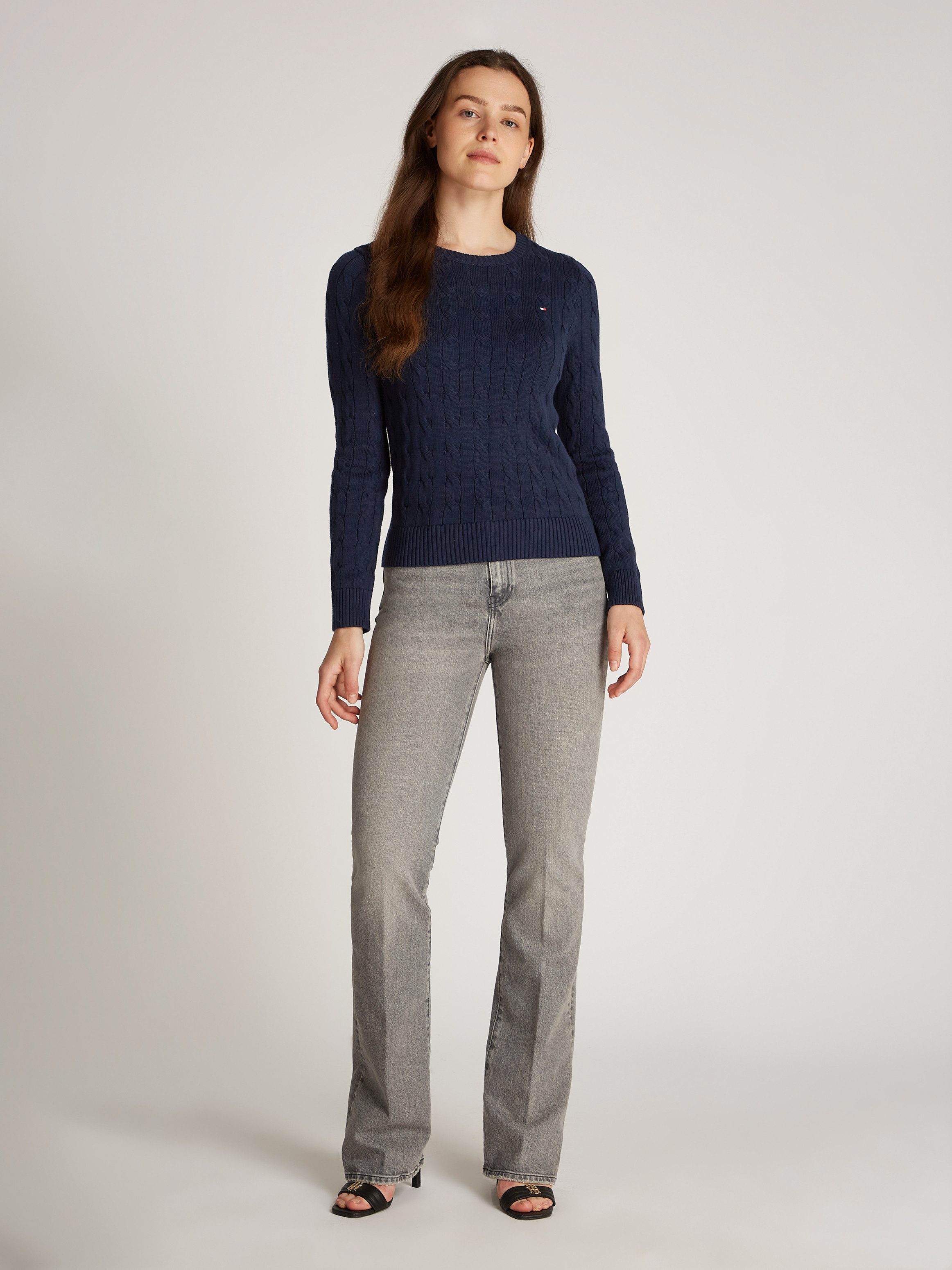Tommy Hilfiger Trui met ronde hals CO CABLE VAR LS C-NK SWT met kabelpatroon, logo-borduursel