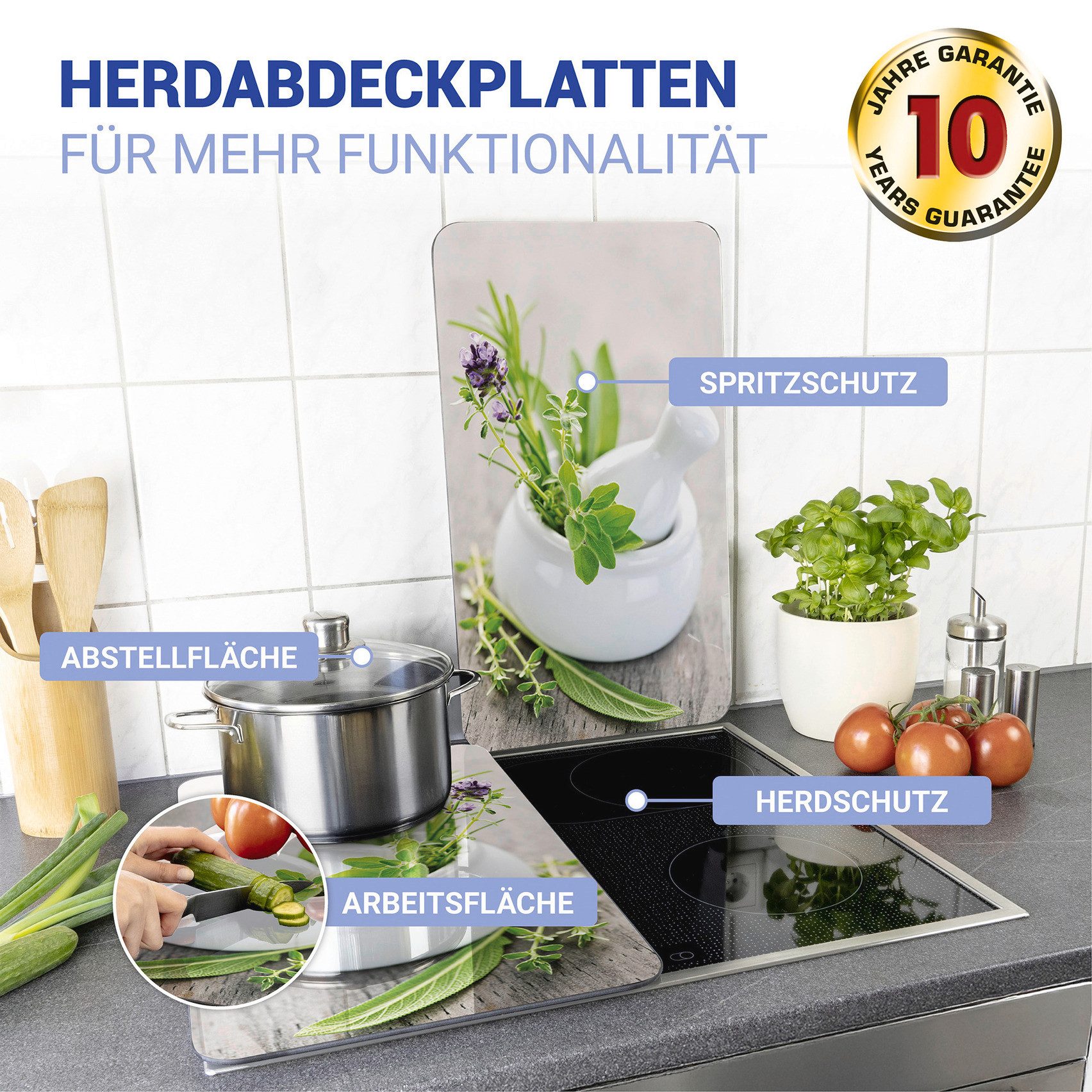 WENKO Kookplaatdeksel Universeel model Kruidentuin Kookplaatafdekking voor alle soorten kookplaten, krasvast, met antislipvoetjes (set, 2-delig)