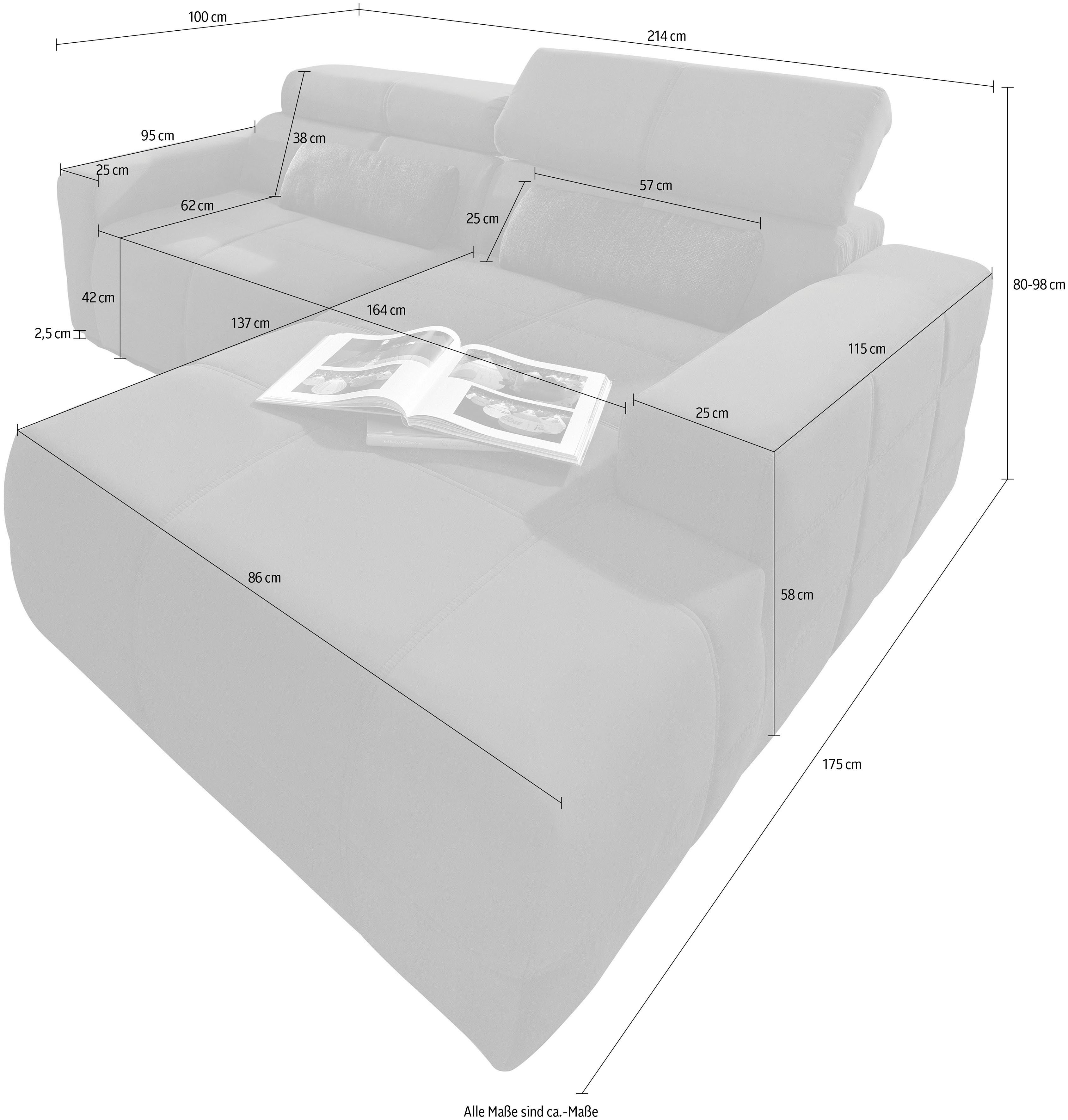 DOMO collection Hoekbank Brandon kleine versie BxDxH: 214x100x80 cm Met verstelbare hoofdsteun, ook in leer en cord, L-model