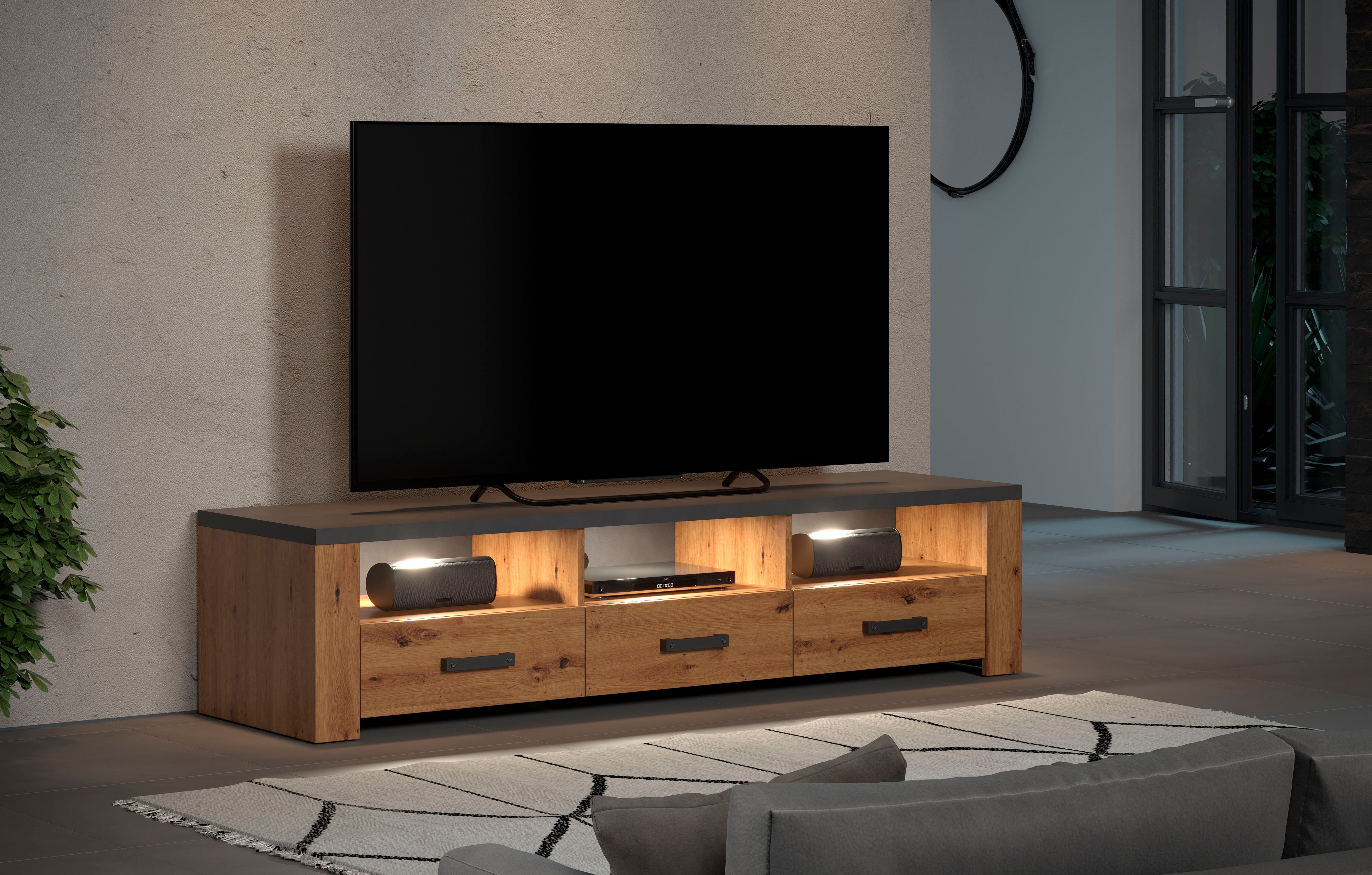 Home affaire Tv-meubel Ambres TV-tafel in matte echt houtlook, met 3 open vakken, breedte 180 cm (1 stuk)