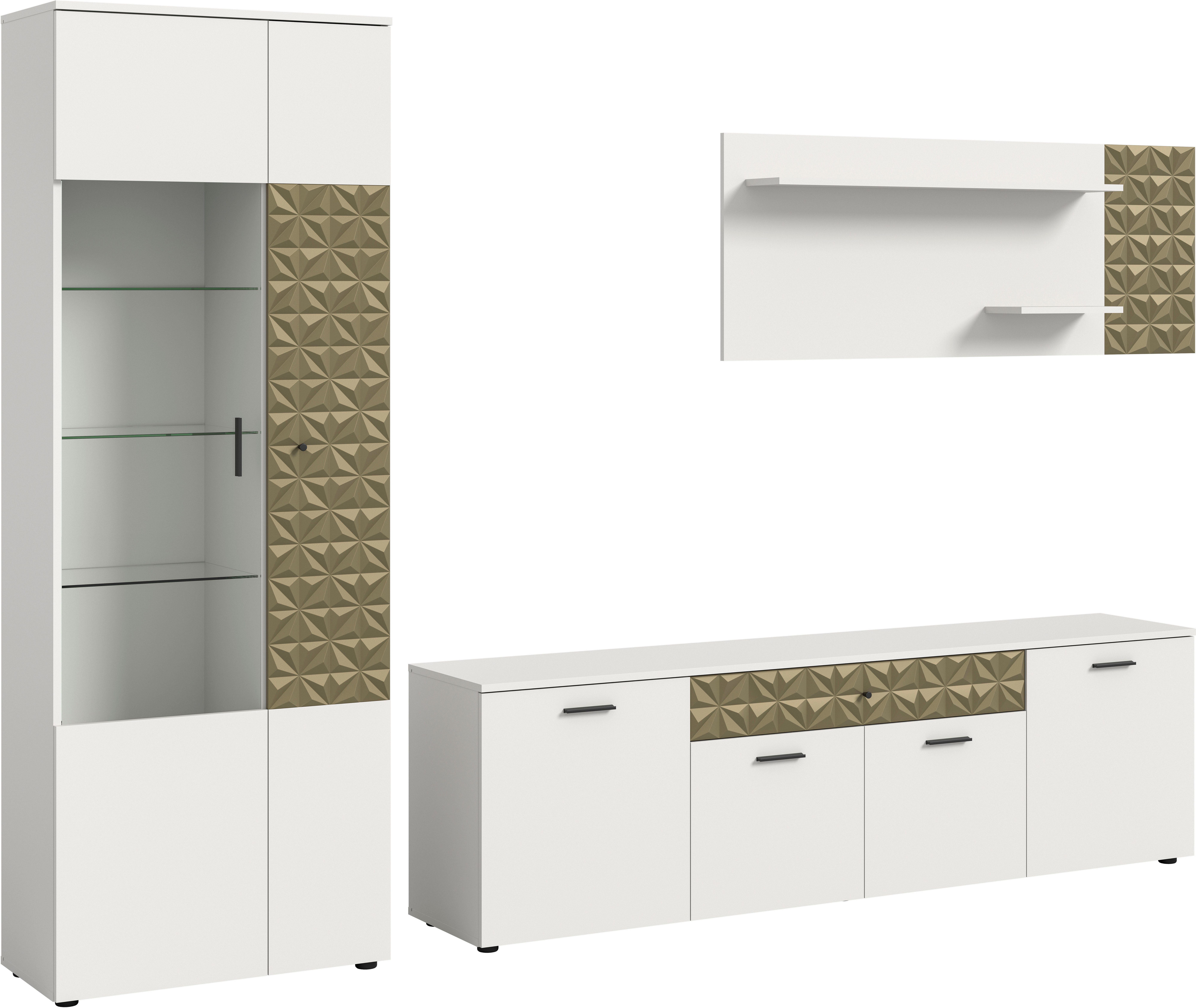 INOSIGN Wandmeubel Vicenza, 3-delig, bestaande uit: vitrine, lowboard, wandplank met ornamentafwerking, combinatie, aanbouwwand, tv-wand, kastwand