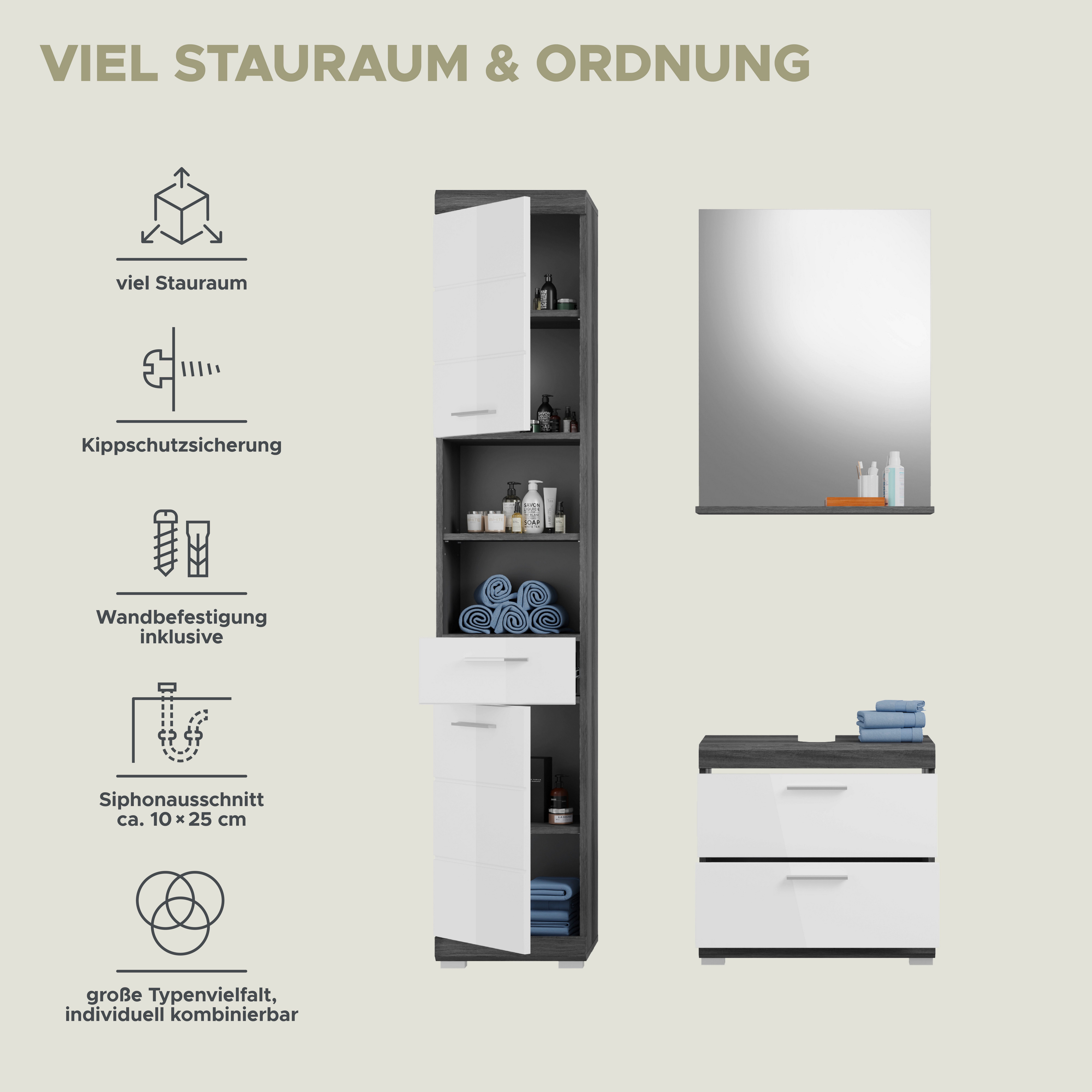 INOSIGN Badkamerserie Siena, 3-delig, bestaande uit: Hoge kast, wastafelonderkast, spiegel (set, 3-delig)