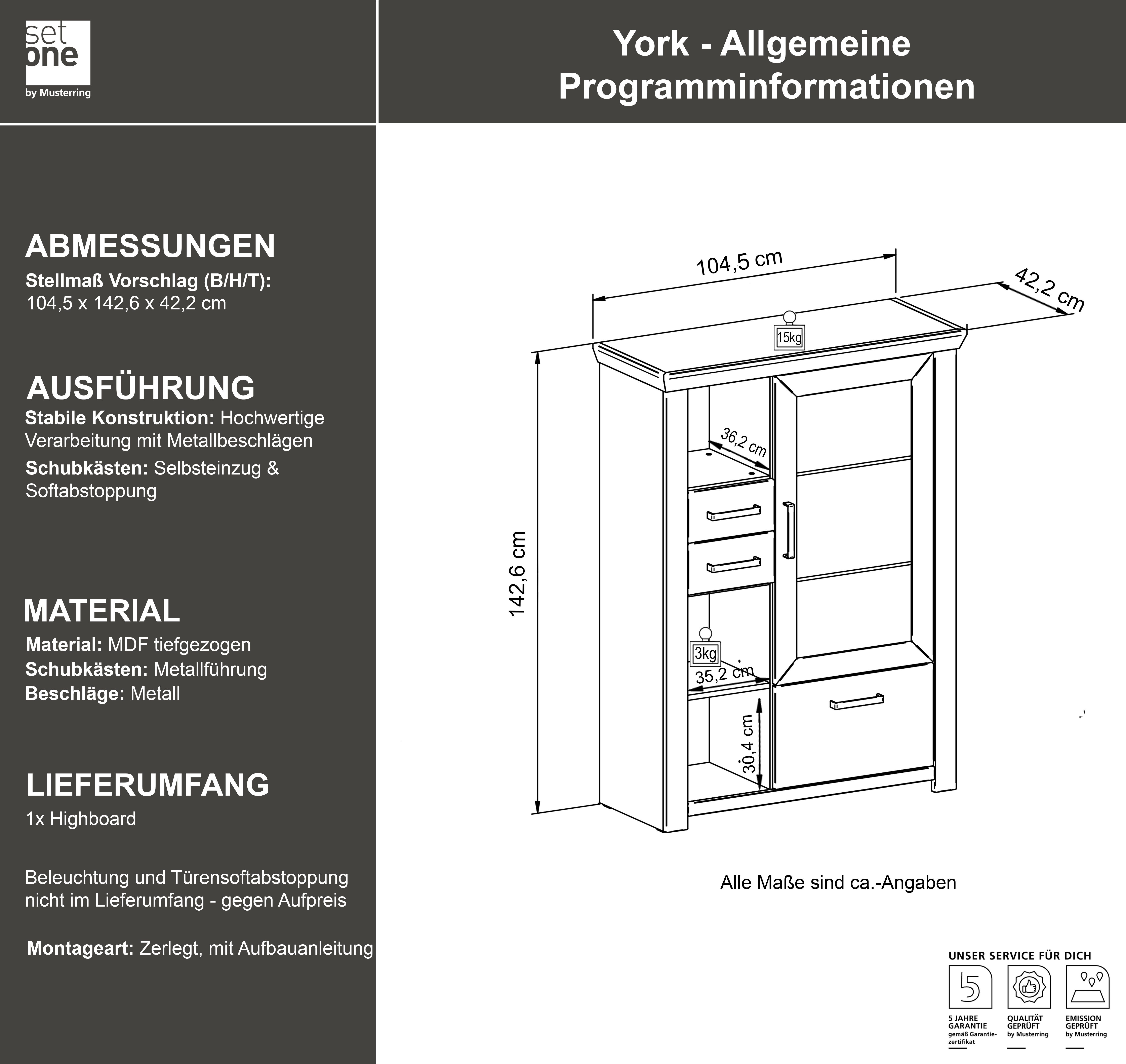 set one by Musterring Highboard York Type 25 en 26, in 3 kleurvarianten, verlichting optioneel, breedte 105 cm