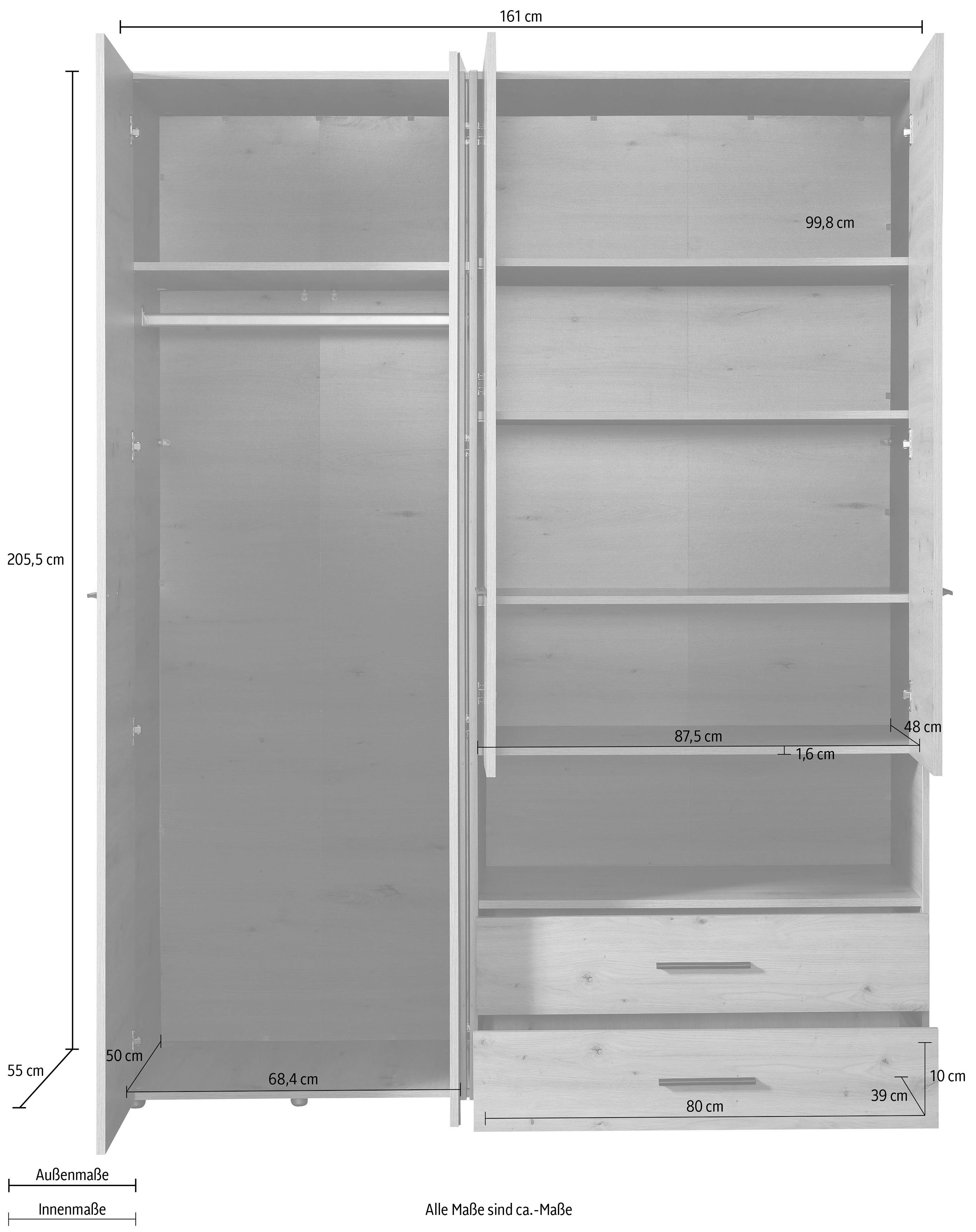 INOSIGN Kledingkast Leon, FSC®-gecertificeerd houtmateriaal met spiegel, binneninrichting en 2 lades, 127,5x55x205,5 cm