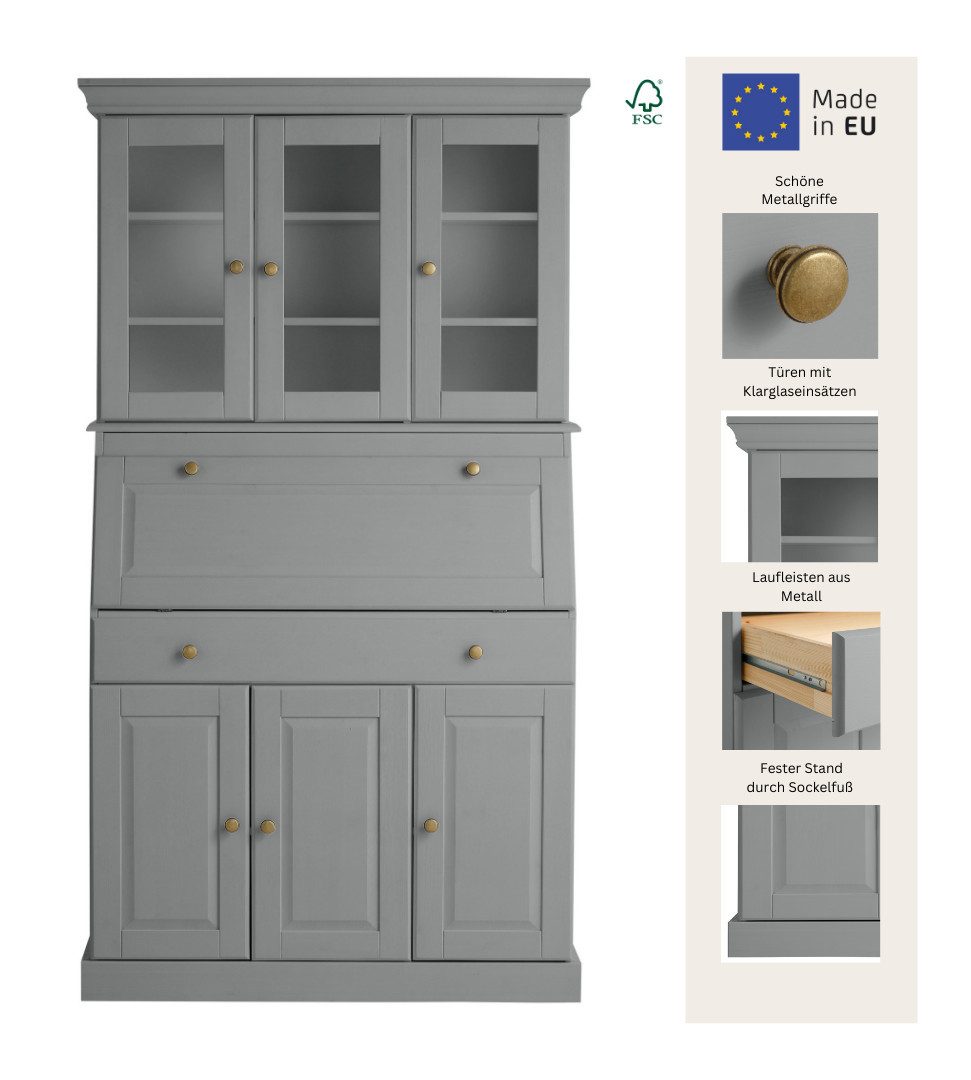 Home affaire Secretaire Rosi in landelijke stijl Bureau van massief hout, met vitrine, in 2 breedtes
