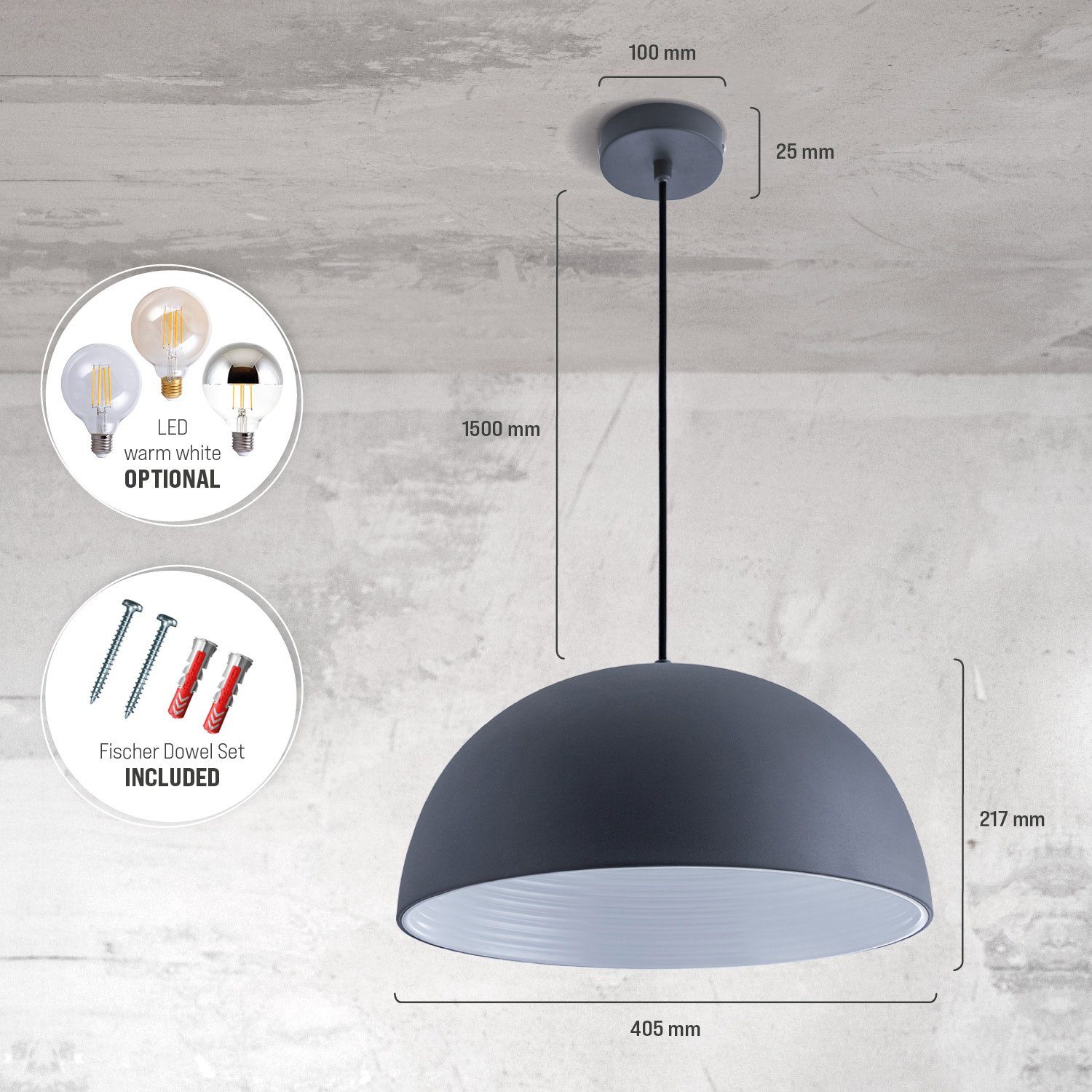 Paco Home Hanglamp SAWYER Hanglamp eetkamer keukenlamp hangend 1,5m textielen kabel Ø40,5 cm
