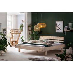 salesfever houten ledikant van massief vurenhout, balkenbed in authentieke look, futonbed in landelijke stijl, massief houten bed beige