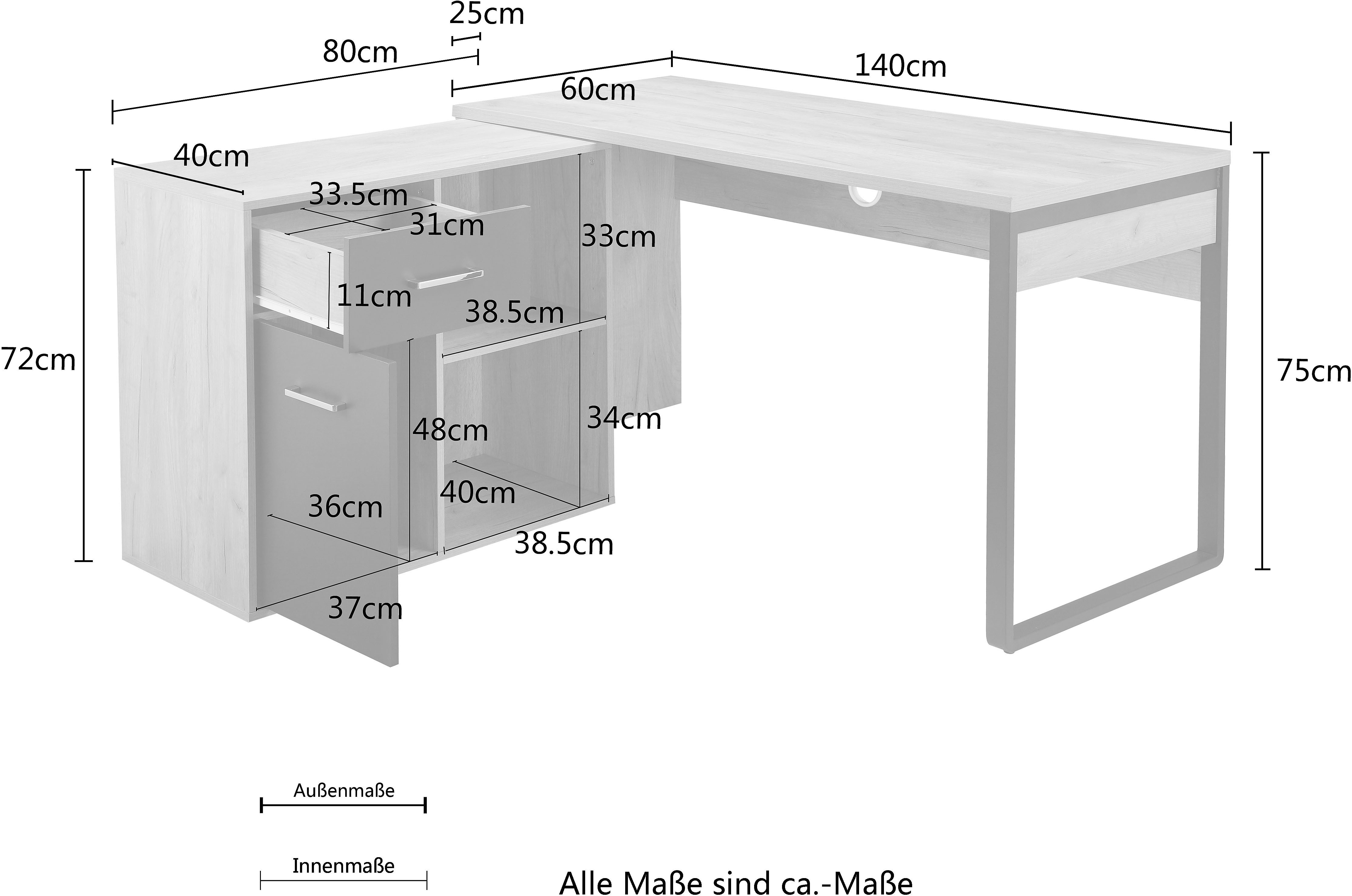 Places of Style Hoekbureau Moid, computertafel, kabeldoorvoer, met planken Lade en deur, flexibel plankelement, 140x82-115 cm