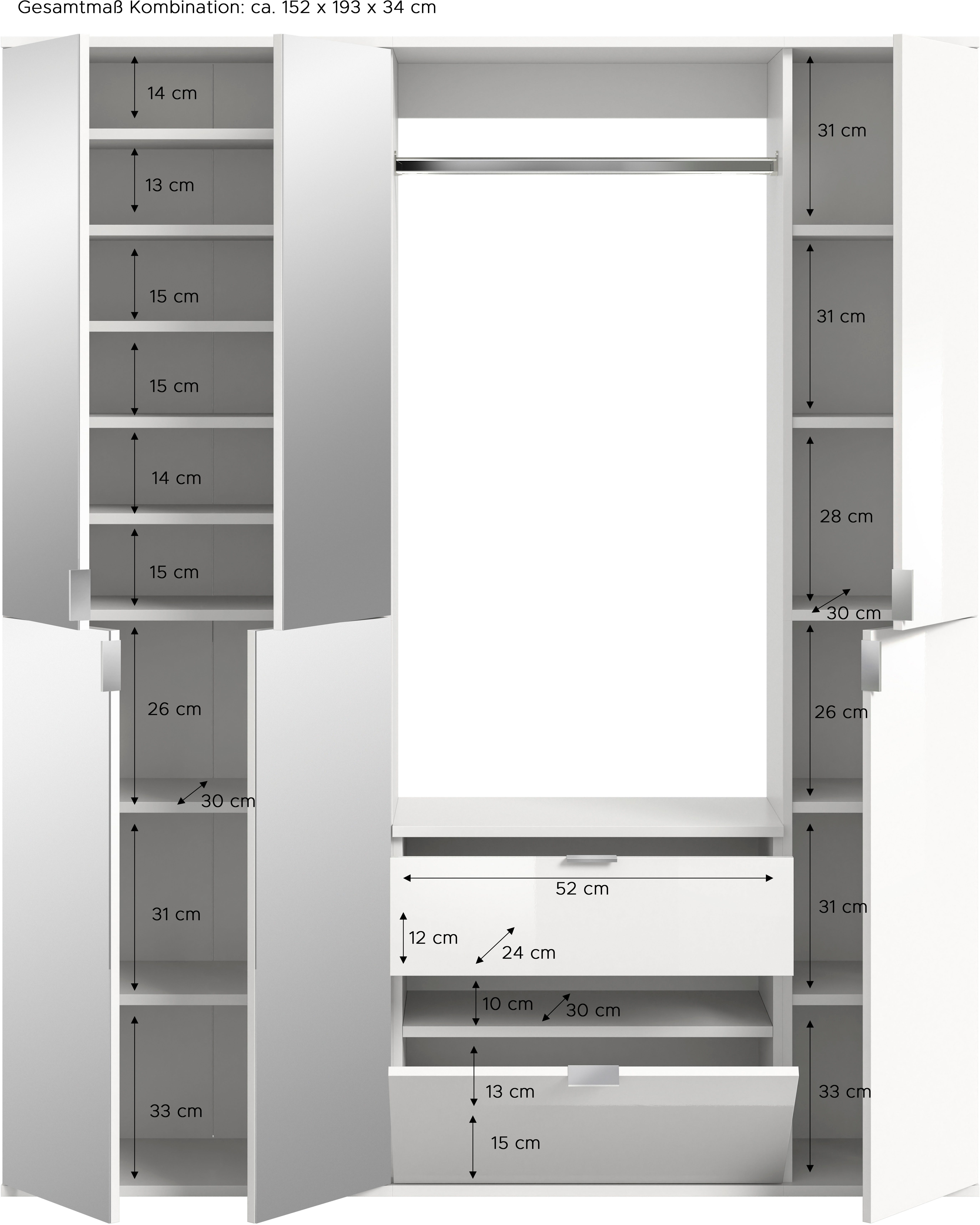 INOSIGN Halmeubelset Trondheim, Breedte 152 cm, 5-delig, bestaande uit: 2x garderobekast, 1 commode, 1 kledingstang, 1 legplank (set, 4-delig)