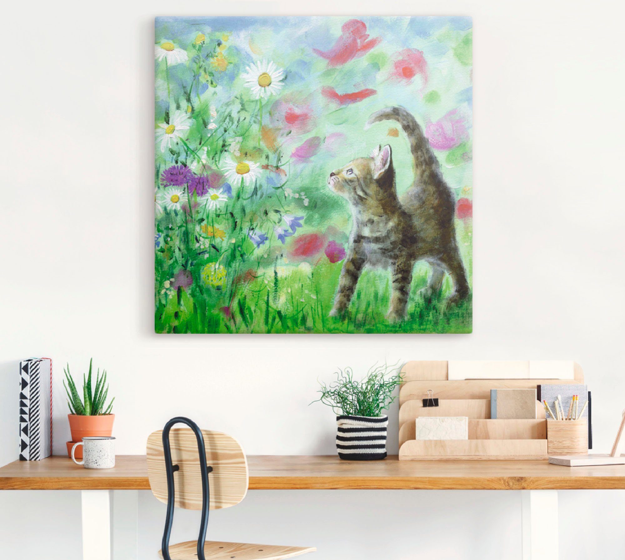 Artland Artprint Zomerweide met katje als artprint op linnen, poster, muursticker in verschillende maten