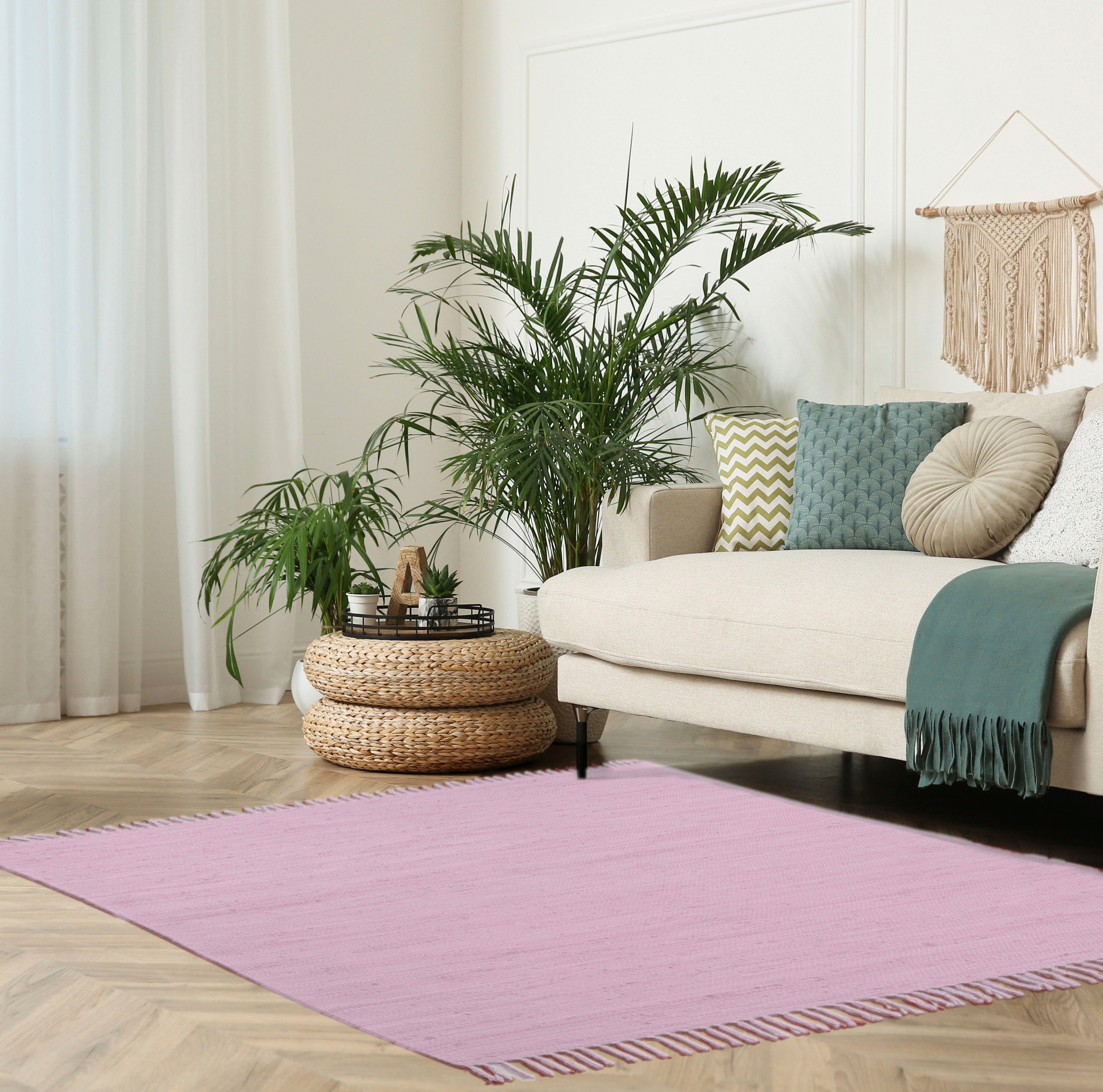 my home Vloerkleed Cadis Keerbaar tapijt, met franjes, effen kleuren, handgeweven, puur katoen