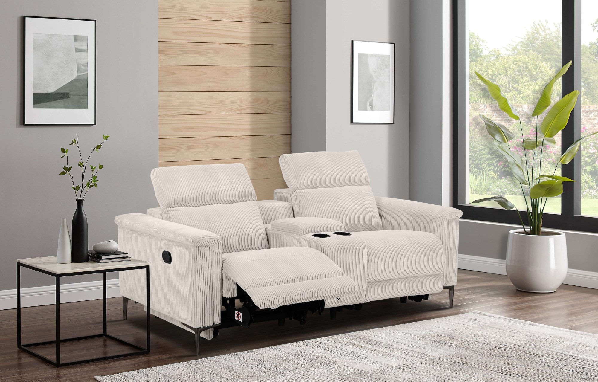 Places of Style 2-zitsbank Lund in cord, 2-zits bioscoopbank, tv-fauteuil, multimedia-sofa, USB-A met elektrische of handmatige relaxfunctie, bekerhouder en opbergruimte