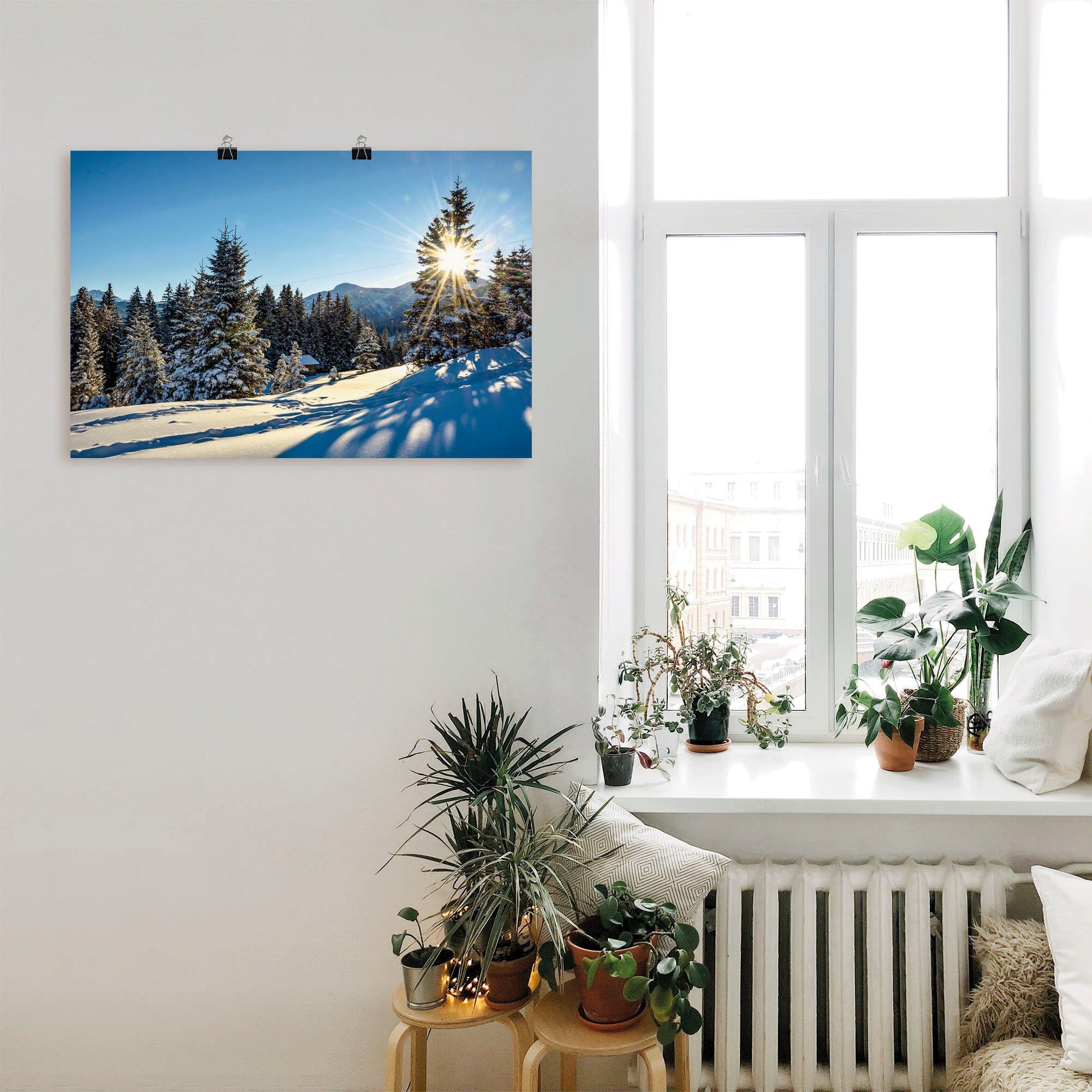 Artland Poster Winterlandschap met zonnester als artprint van aluminium, artprint op linnen, muursticker of poster in verschillende maten
