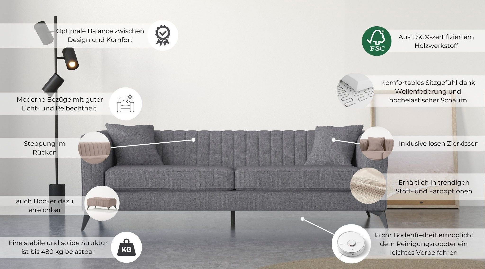 Places of Style 4-zitsbank MATTHEW elegant designsofa, afmetingen B/D/H: 231/86/74 cm XXL, stiksels in de rug, losse zitkussens, inclusief 2. sierkussen