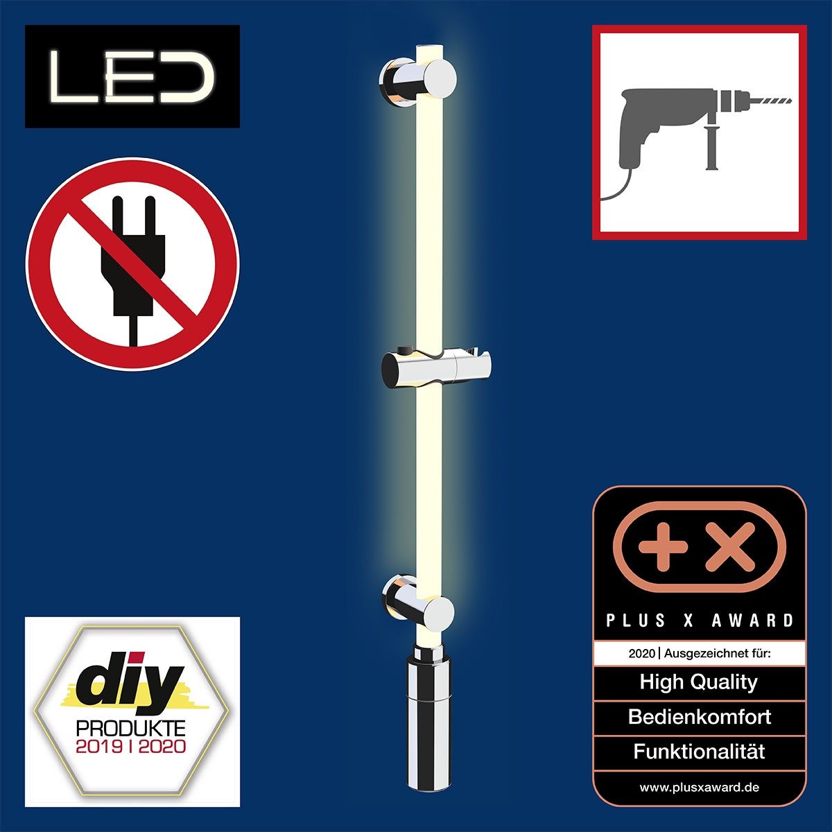 WENKO Douchestang met ledverlichting Lengte: 74 cm, warmwit, inclusief oplaadbare eenheid