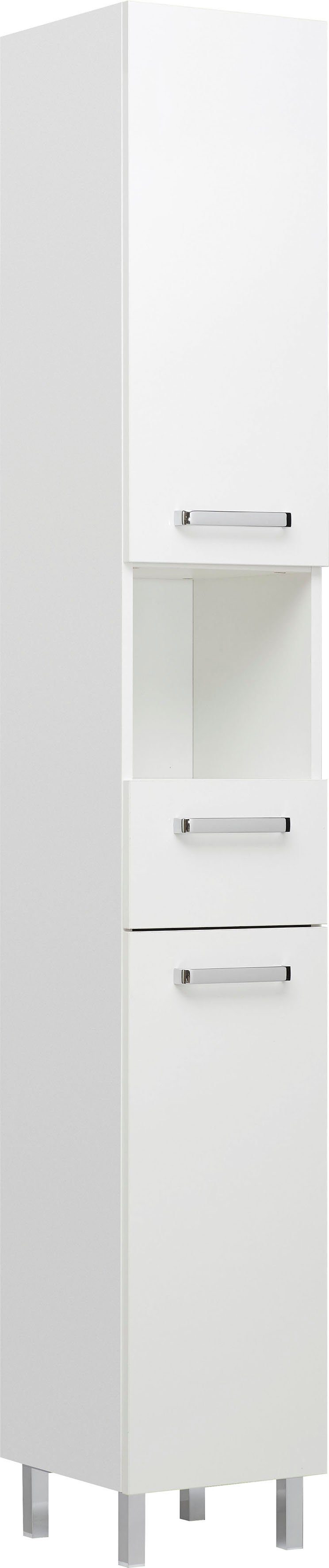 Saphir Hoge kast Quickset badkamermeubel 30 cm breed, 2 deuren, 1 nis, 1 lade Hoge badkamerkast inclusief deurdemper, grepen in glanzend chroom