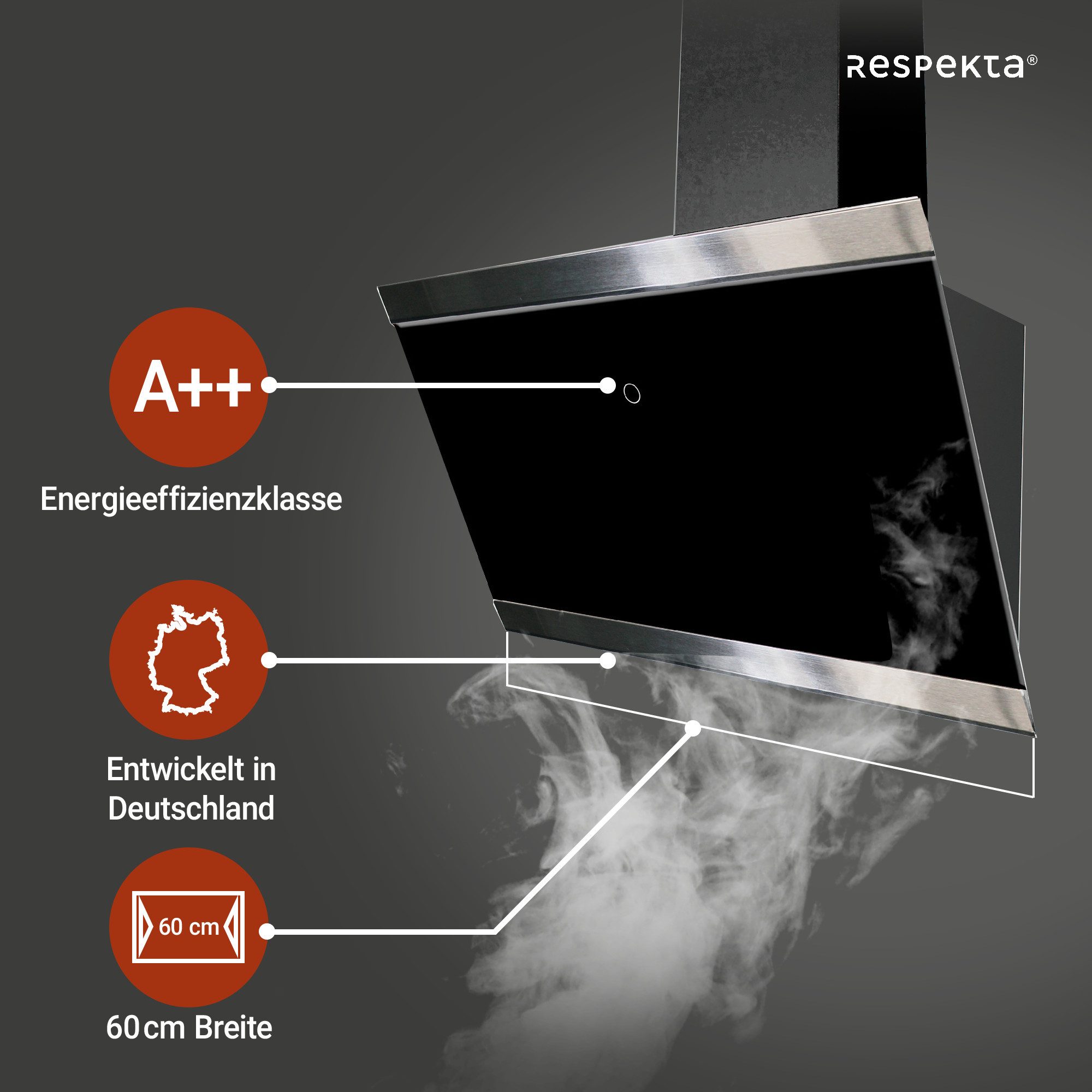 RESPEKTA Schuine wandkap CH89060S 60 cm, 9 vermogensniveaus, led-verlichting, geschikt voor afzuiging en recirculatie