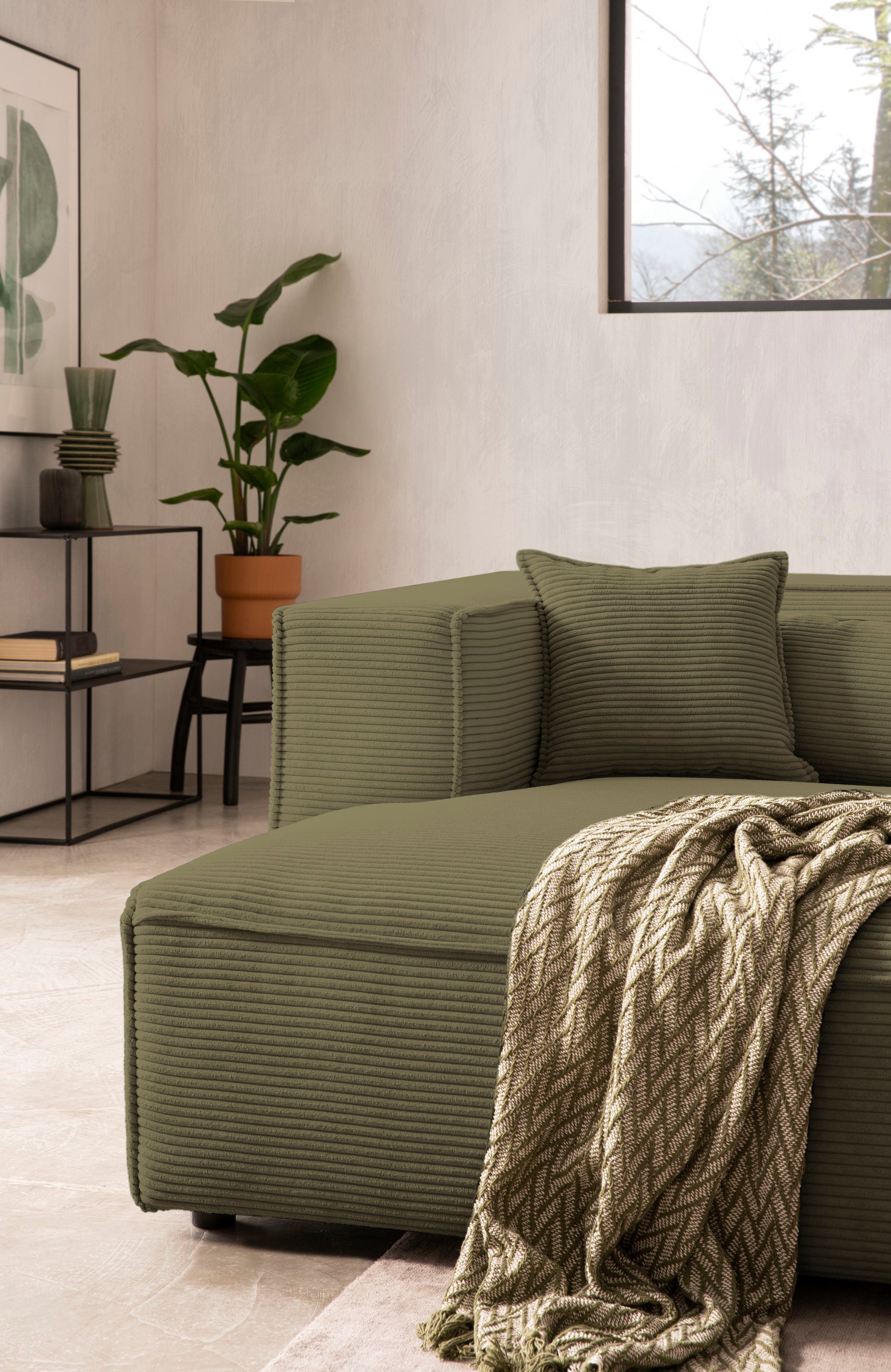LeGer Home by Lena Gercke Hoekbank PIARA met biesnaad in cord of linnenlook, moderne bank in L-vorm keuze ottomaan rechts/links, zwarte voeten, comfortabel zitcomfort