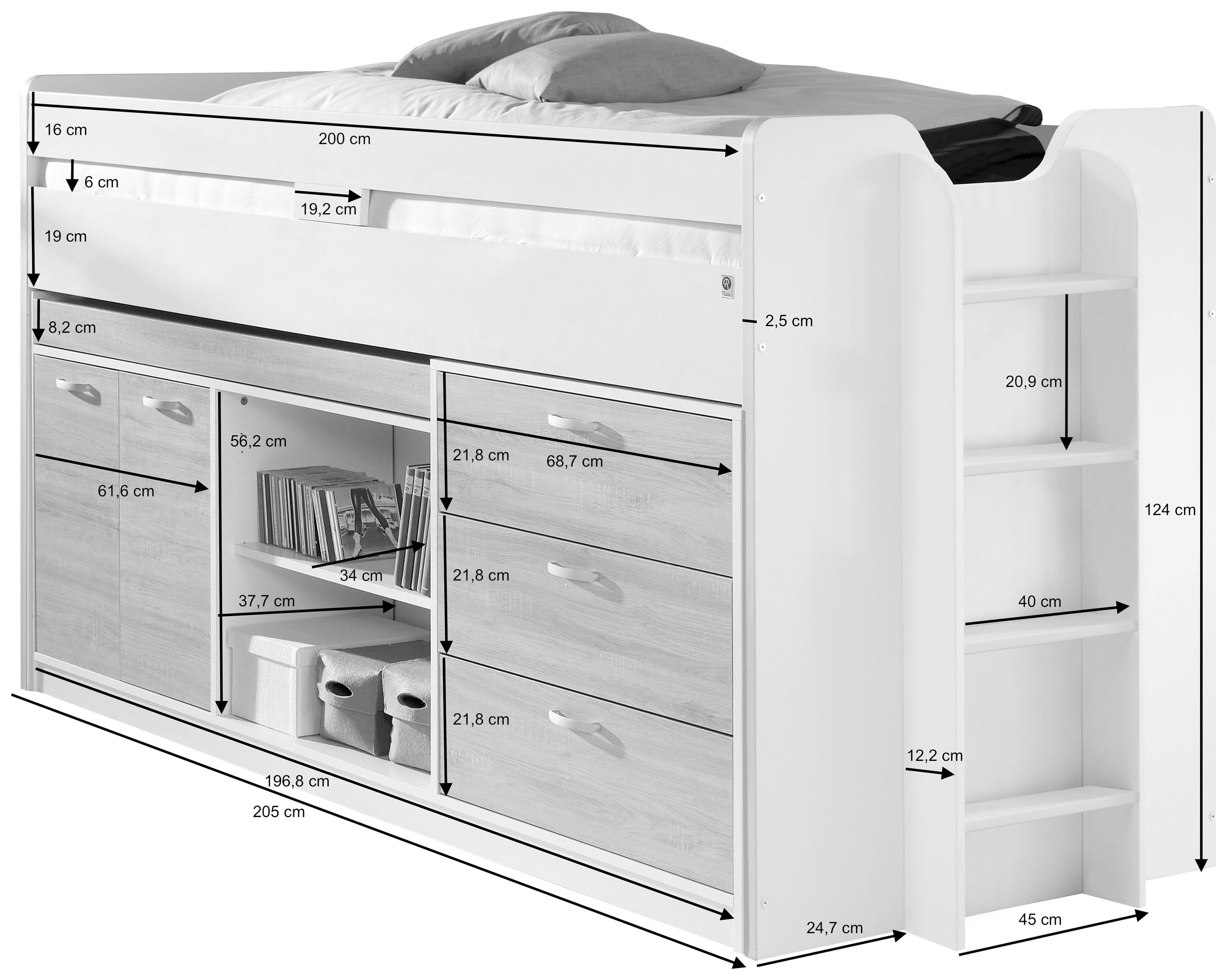 Relita Hoogslaper Ponny Ligoppervlak 90 x 200 cm, met valbeveiliging en opbergruimte, diverse kleuren