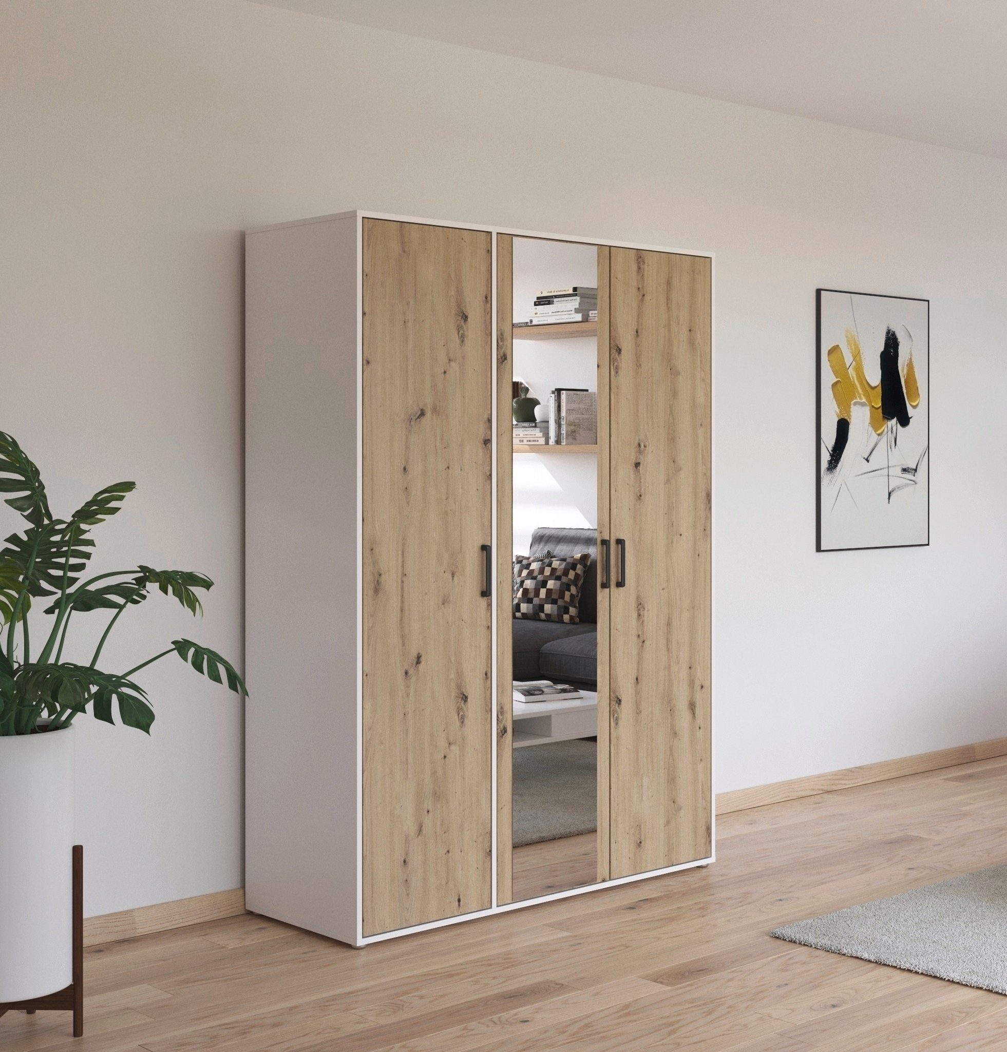 rauch Draaideurkast Voyager met moderne grepen in grijs-metallic en spiegel