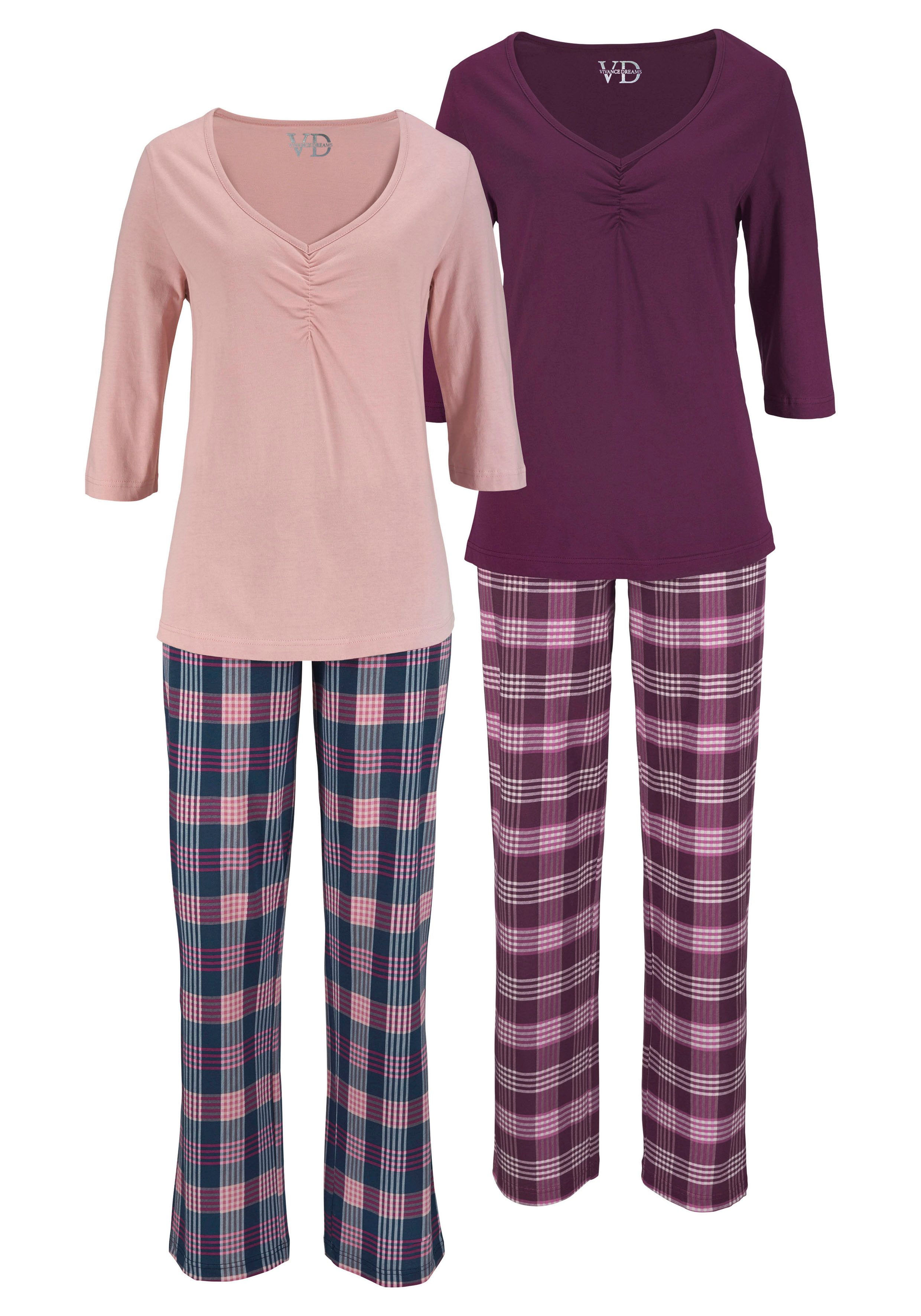Vivance Dreams Pyjama met geruite broek (4-delig, Set van 2) dames pyjama's maat 44/46 multicolor