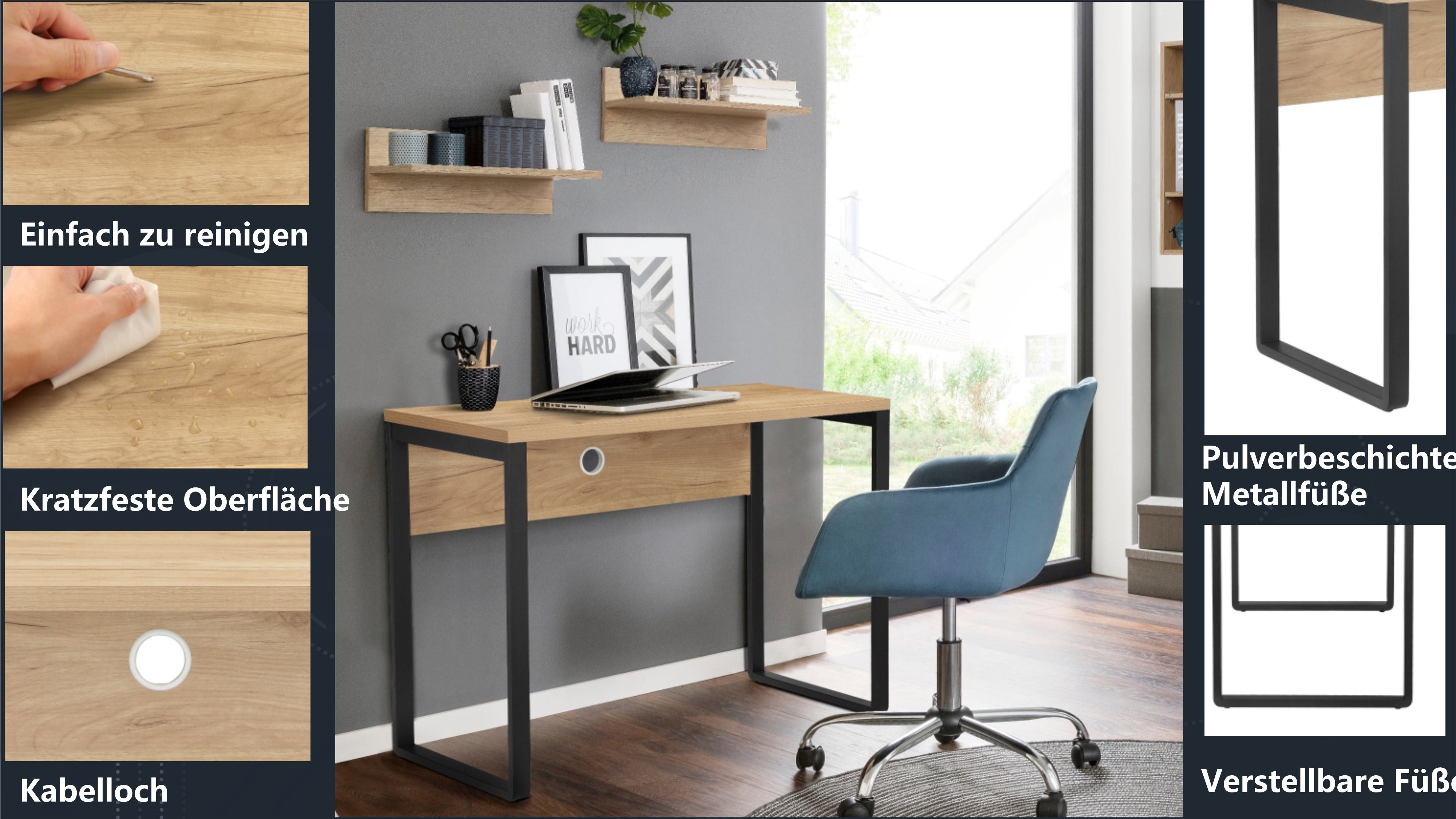 Places of Style Bureau Moid Computertafel, kabeldoorvoer, metalen slede, breedte 100 cm