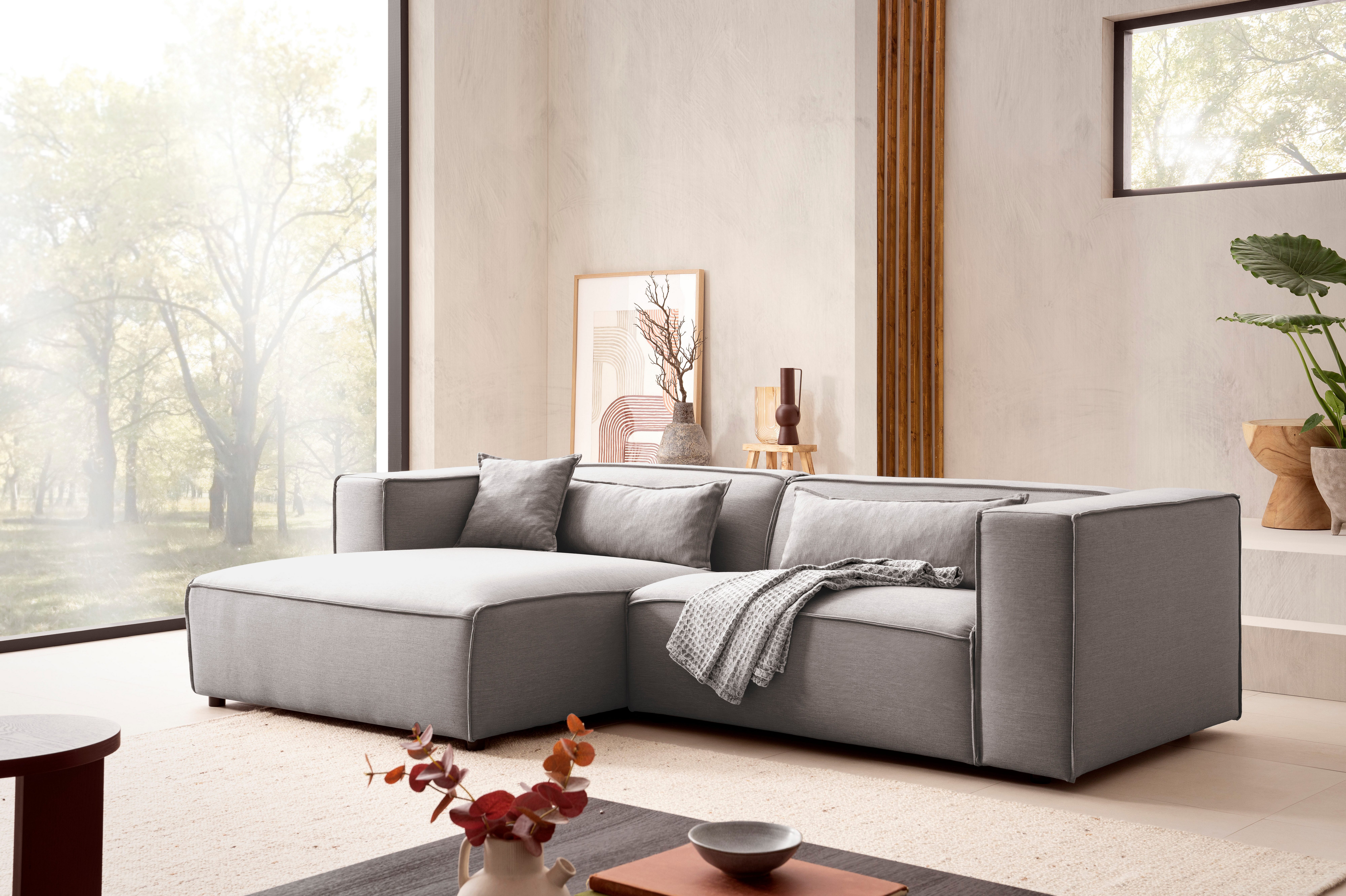 LeGer Home by Lena Gercke Hoekbank PIARA met biesnaad in cord of linnenlook, moderne bank in L-vorm keuze ottomaan rechts/links, zwarte voeten, comfortabel zitcomfort