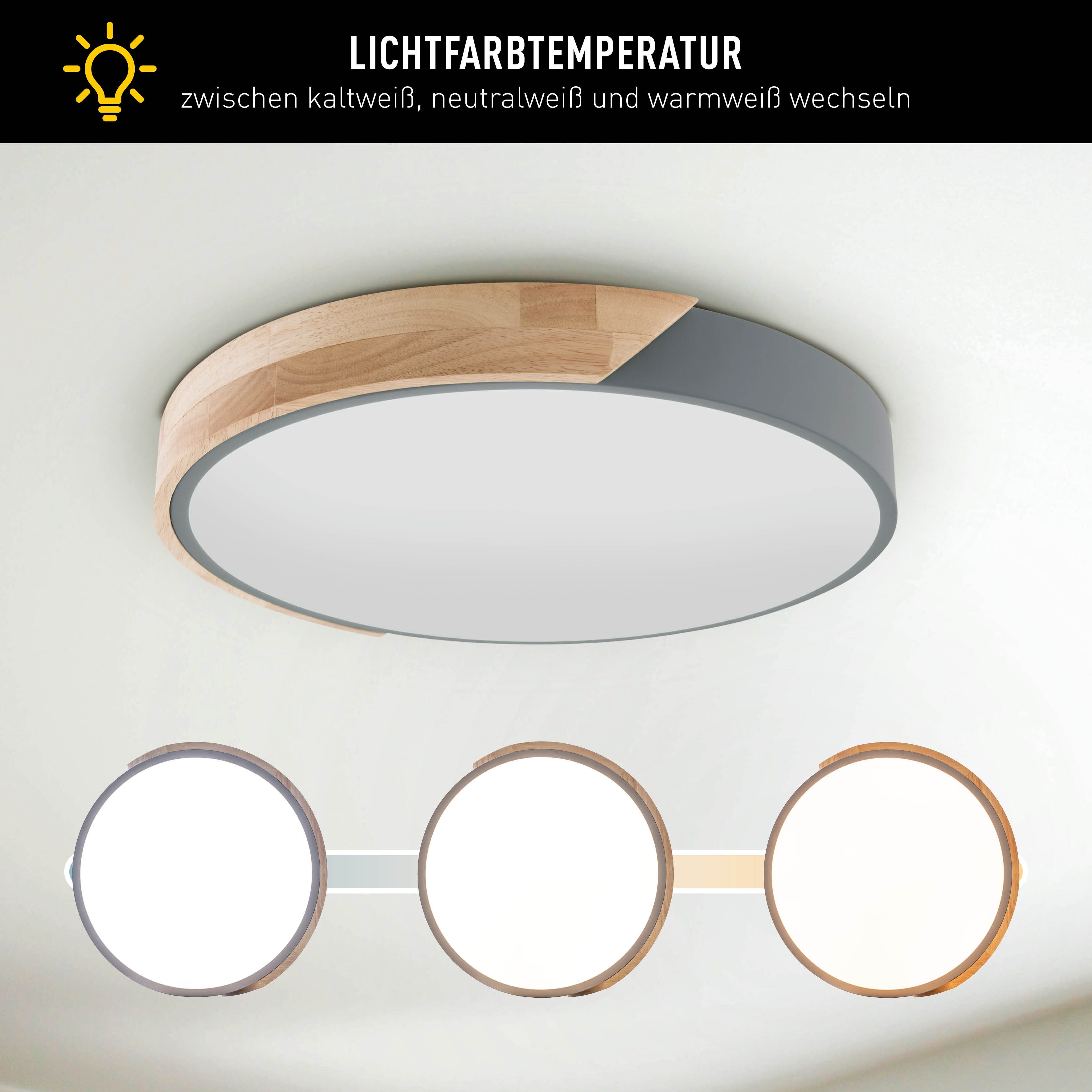 näve Led-plafondlamp Borneo Dimmbaar via afstandsbediening (incl.), CCT, geheugen, nachtlampje, houten rand (1 stuk)
