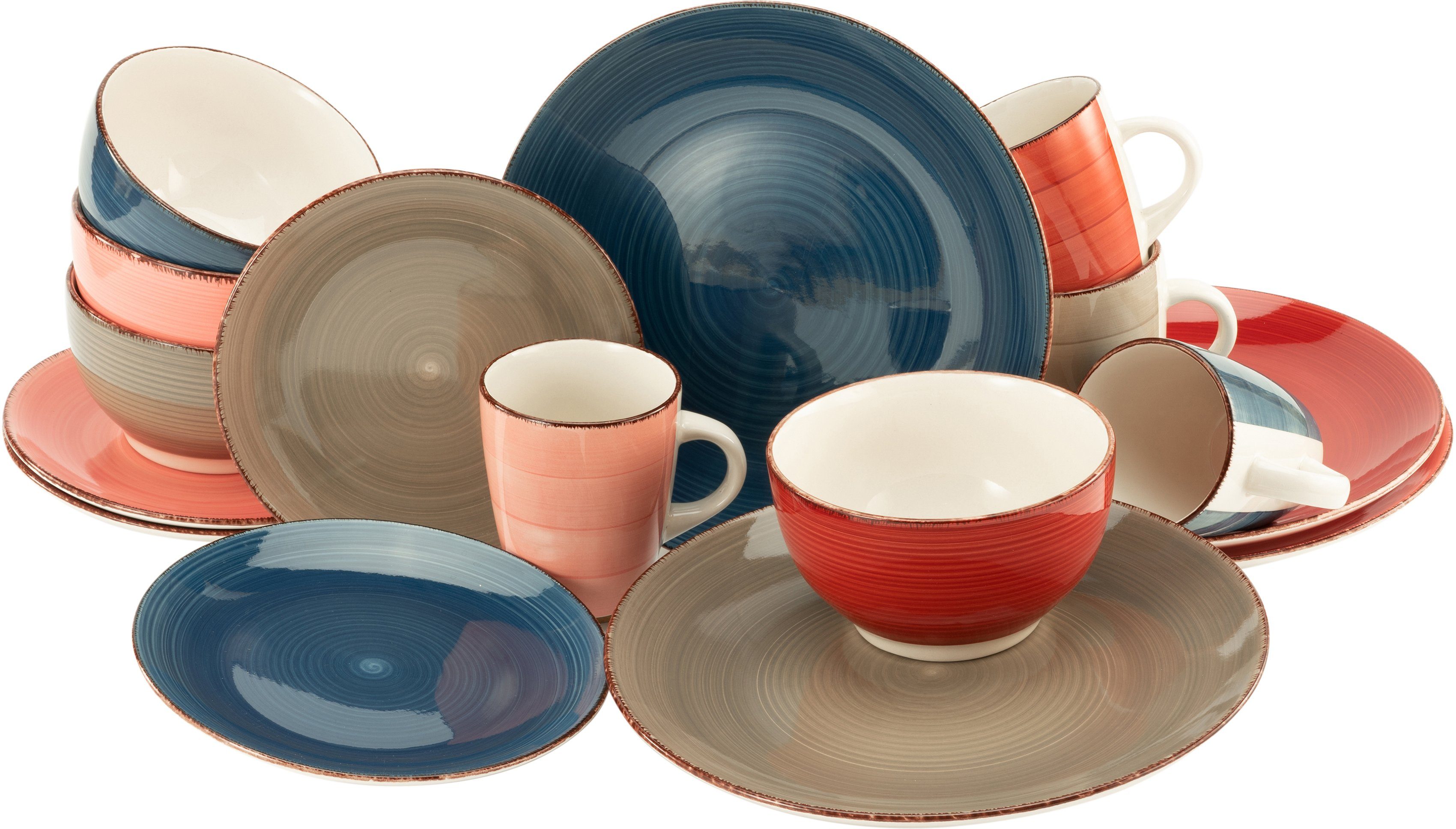 CreaTable Combi-servies Servies-set Bella Casa Cottage Servies, met de hand geschilderd spiraaldecor, 16 delen, voor 4 personen (set, 16-delig)
