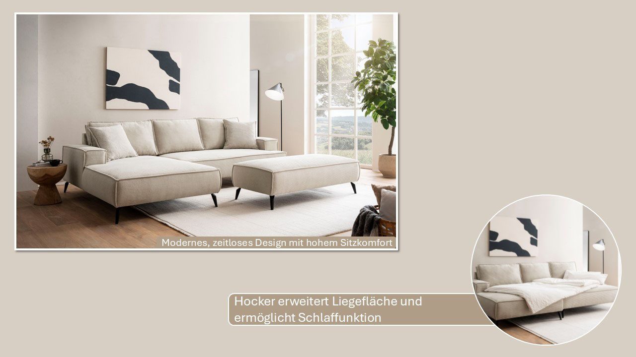 andas Zithoek TVINNU, Polsterecke L-Form, Schlaffunktion, met Hocker (set, 2-delig)