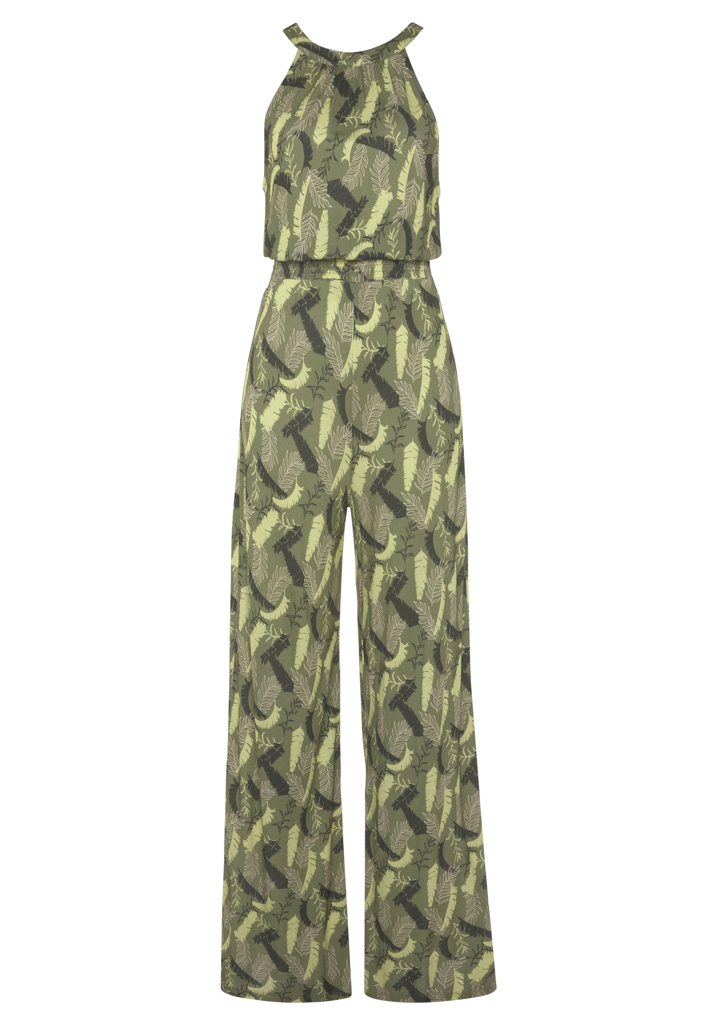 s.Oliver RED LABEL Beachwear Jumpsuit met bladerenprint en brede smockinzet, zomerse jumpsuit