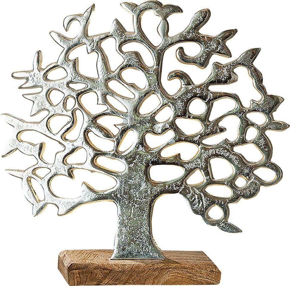 GILDE Decoratief object Levensboom op houten standaard, zilver Hoogte 46 cm, van metaal, voet van hout, woonkamer (1 stuk)