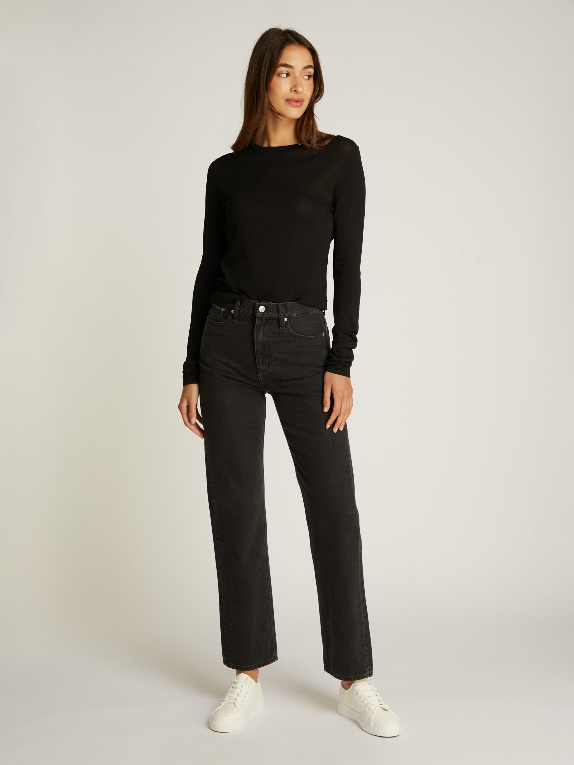 Calvin Klein Mom jeans HIGH RISE STRAIGHT lichte stone wash-look met muntzakje