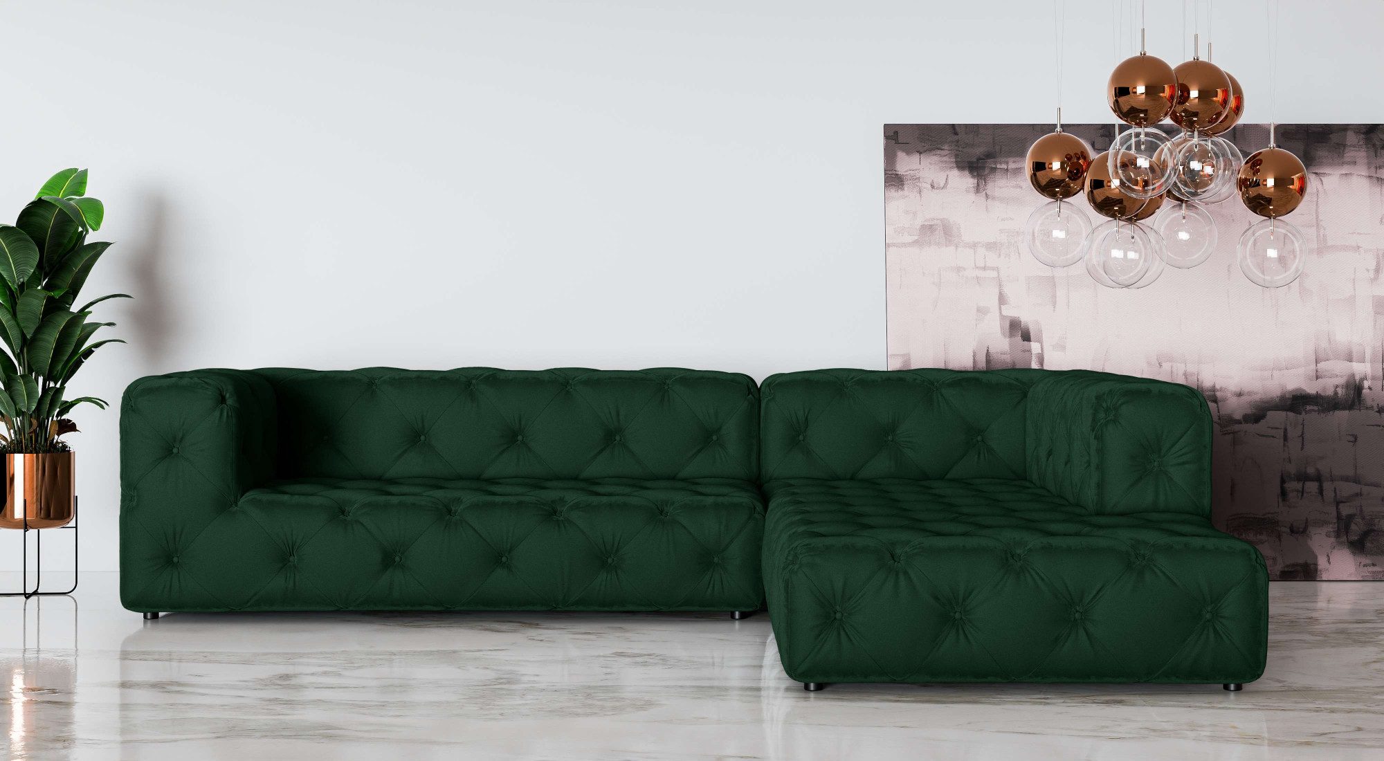 Places of Style Hoekbank FOLLINA L-vorm, met klassieke Chesterfield-knoopstiksels groen, hoekbanken, Ottomane rechts