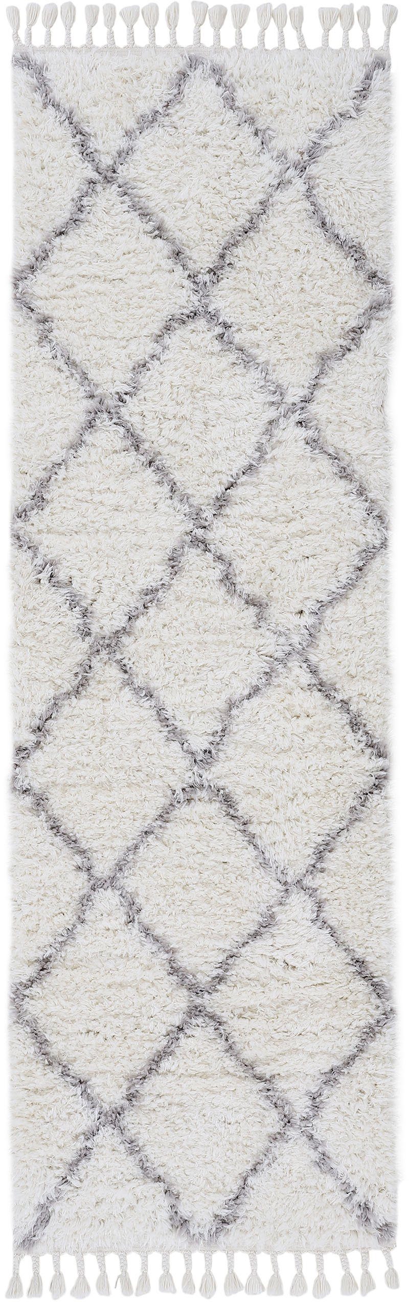 carpetfine Hoogpolige loper Eddy met franje, woonkamer hoogpolige vloerkleden maat 60 cm x 180 cm x 30 mm wit