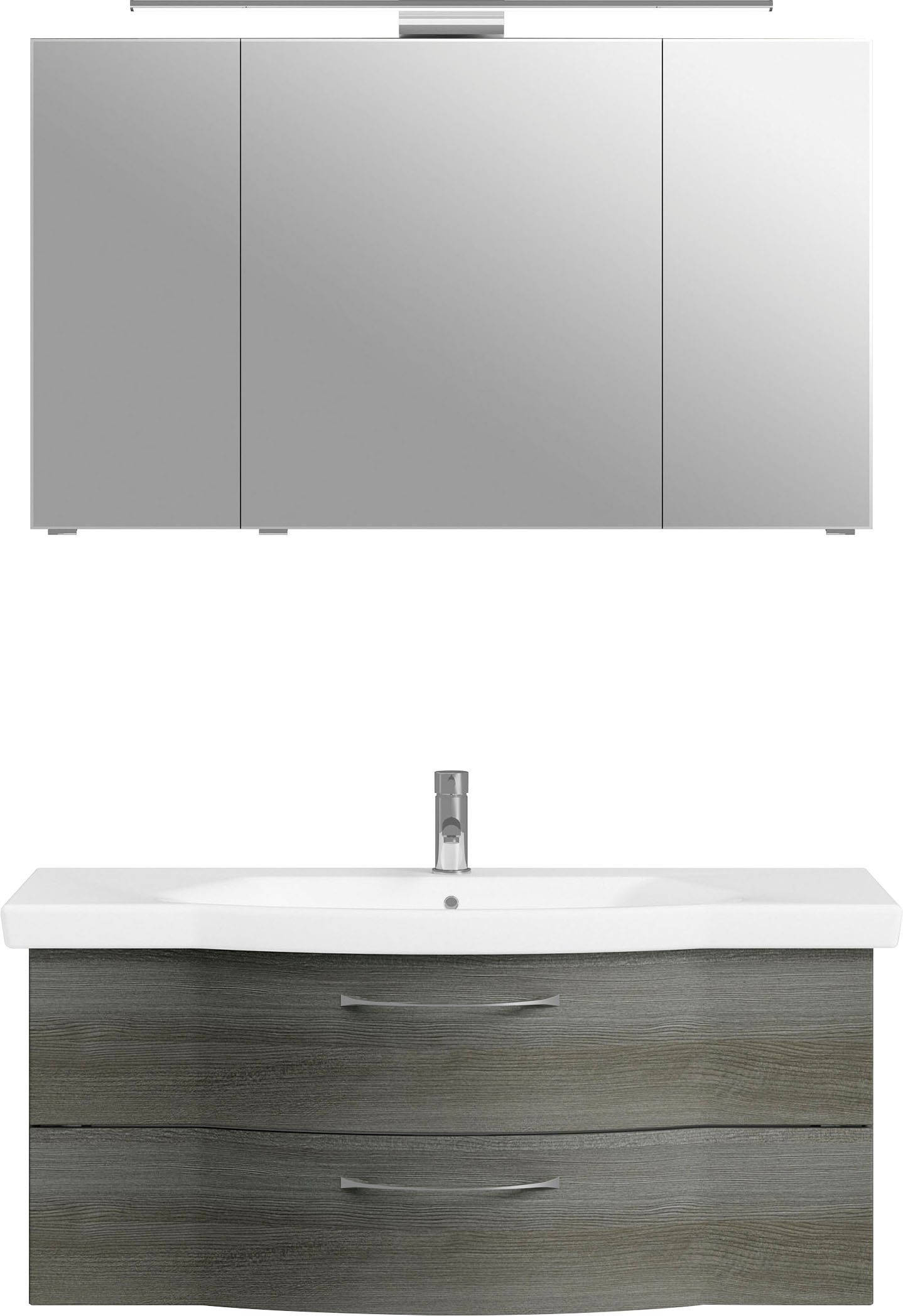 Saphir Badkamerserie 6005 sprint keramiek-wastafelonderkast met led-spiegelkast, 122 cm breed Wastafelmeubel inclusief deurdemper, 3 deuren, 2 laden,