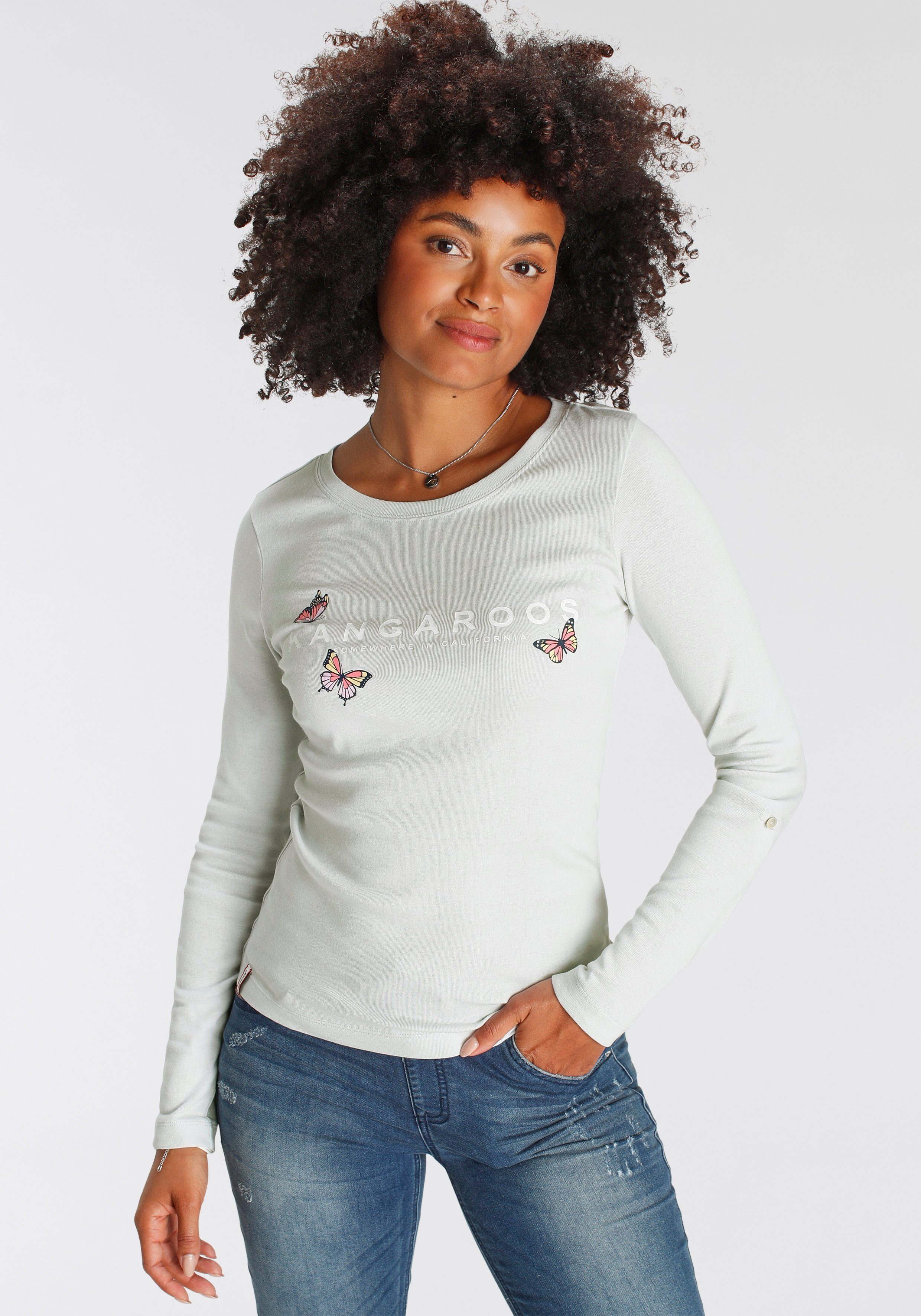 KangaROOS Shirt met lange mouwen oprolbare mouwen, zeer figuurvolgende snit dames longsleeves maat 52/54 (XXL) blauw
