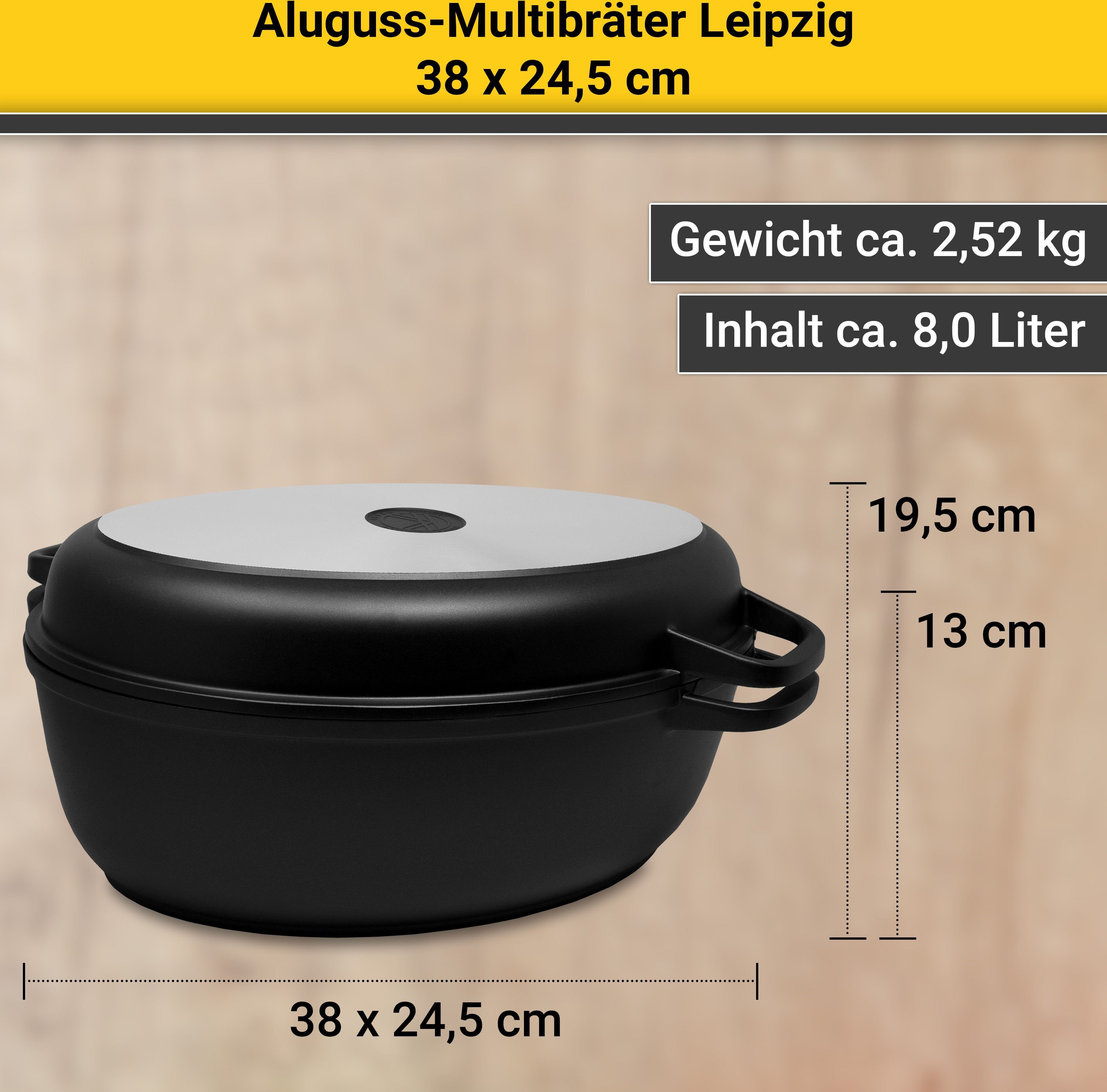 Krüger Braadpan Aluminium multicooker met grilldeksel LEIPZIG, 38 x 24,5 x 13 cm