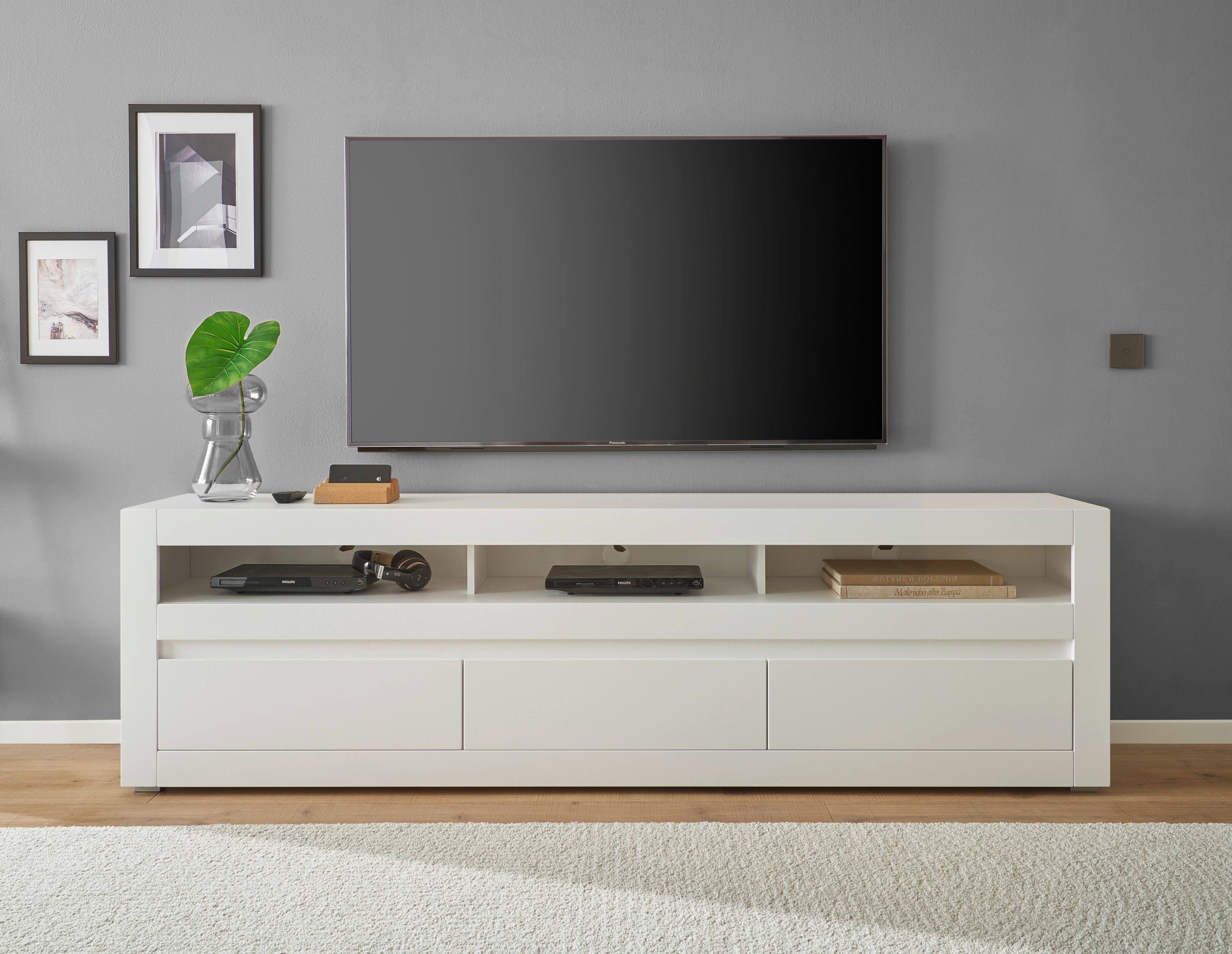 INOSIGN Tv-meubel Chester, moderne TV-kast, Ladekast met opbergruimte, Mat Wit vervangbare afdekking in grepline, tijdloos design, 217 cm breed (1