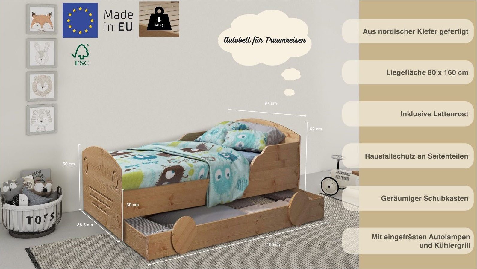 Lüttenhütt Kinderledikant Levke gemaakt van massief grenen, 90 x 160 cm, inclusief lade en lattenbodem