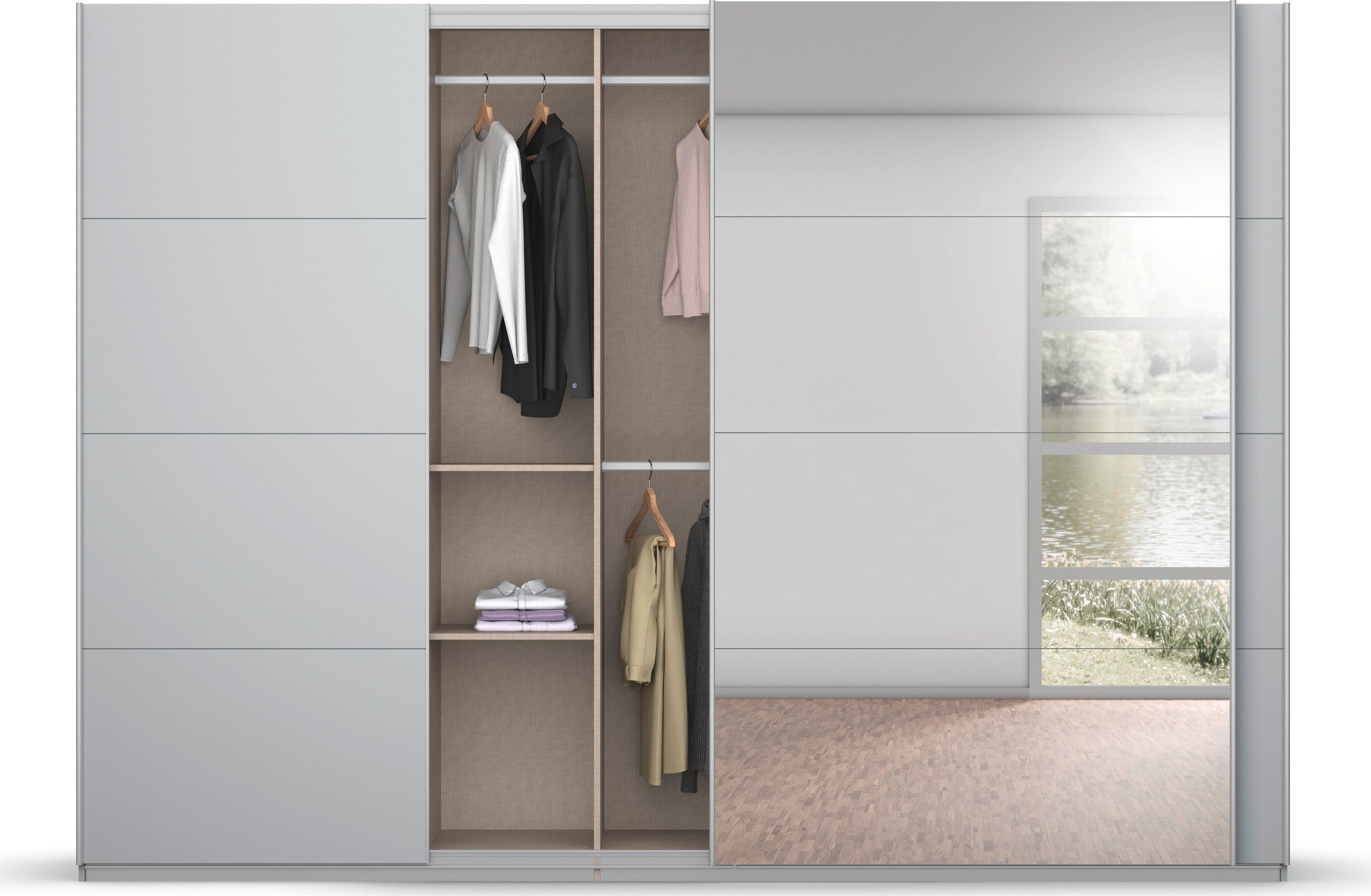 rauch Zweefdeurkast Kledingkast kast garderobe BESTSELLER KOLUNA met spiegel inclusief 2 binnenladen en extra legplanken made in germany