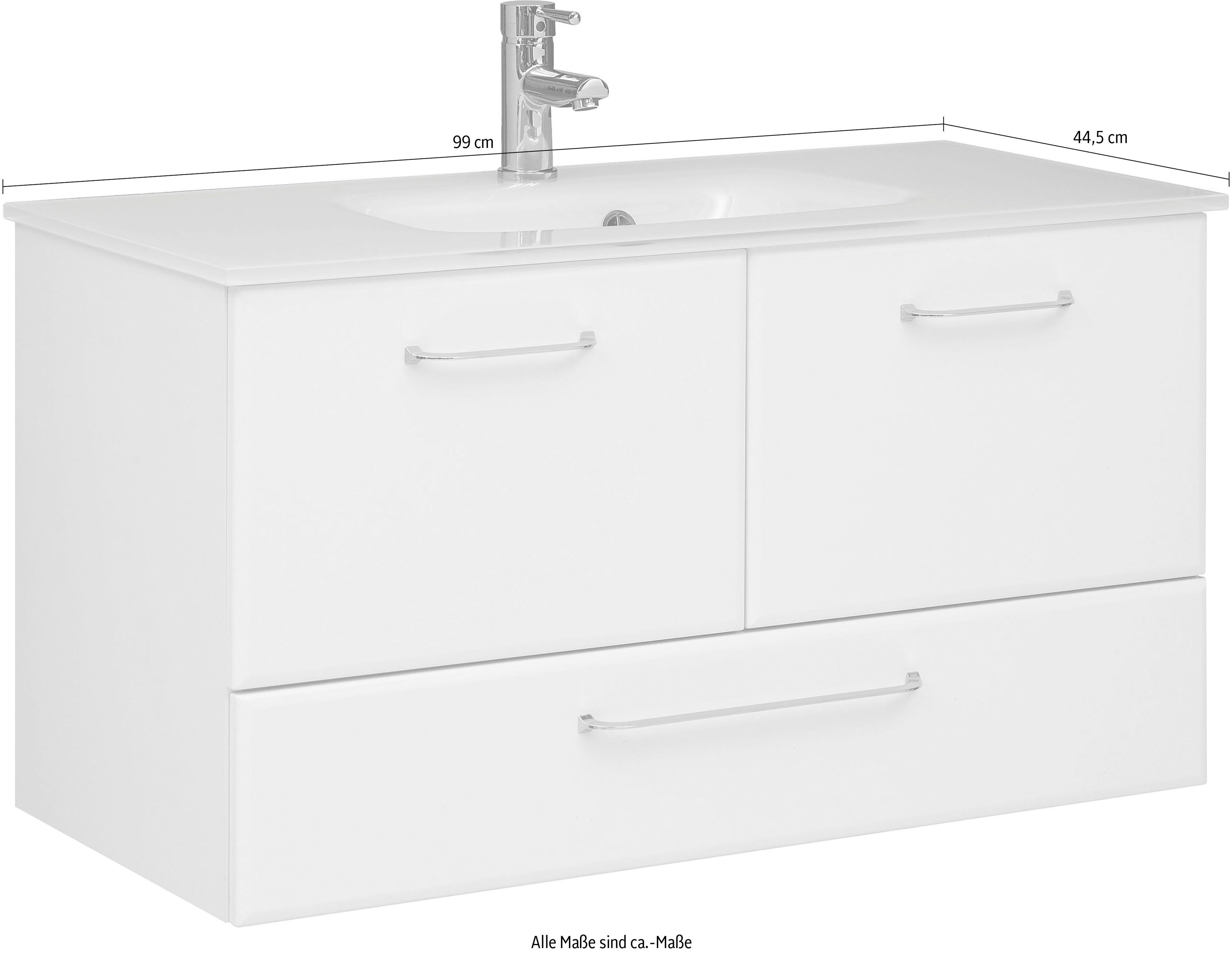 Saphir Wastafelonderkast Quickset glazen wastafel met onderkast, 99 cm breed, wastafel Grepen in glanzend chroom, inclusief deurdemper, 2 deuren, 1 lade
