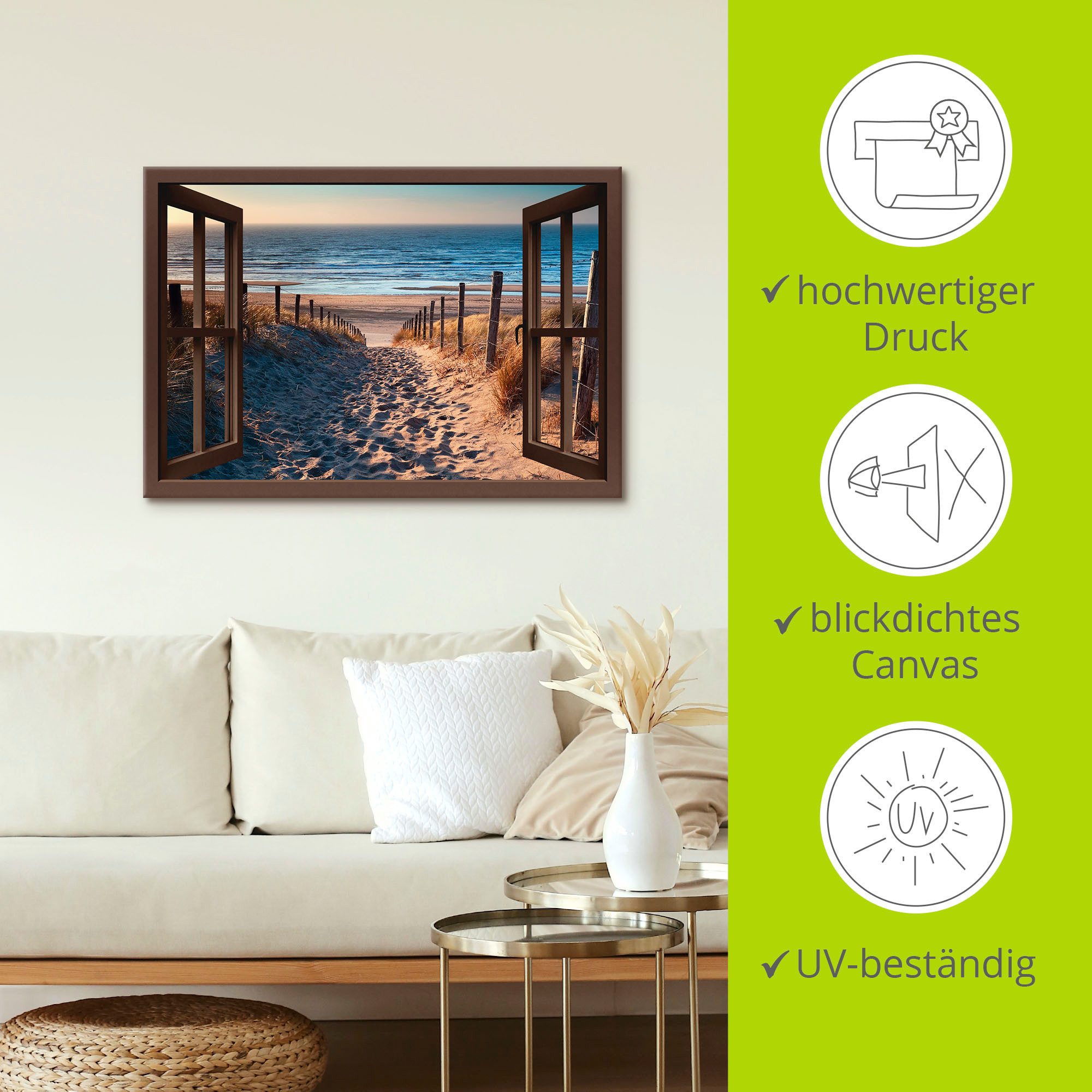 Artland Artprint Blik uit het venster weg naar Noordzeestrand als artprint op linnen, poster, muursticker in verschillende maten